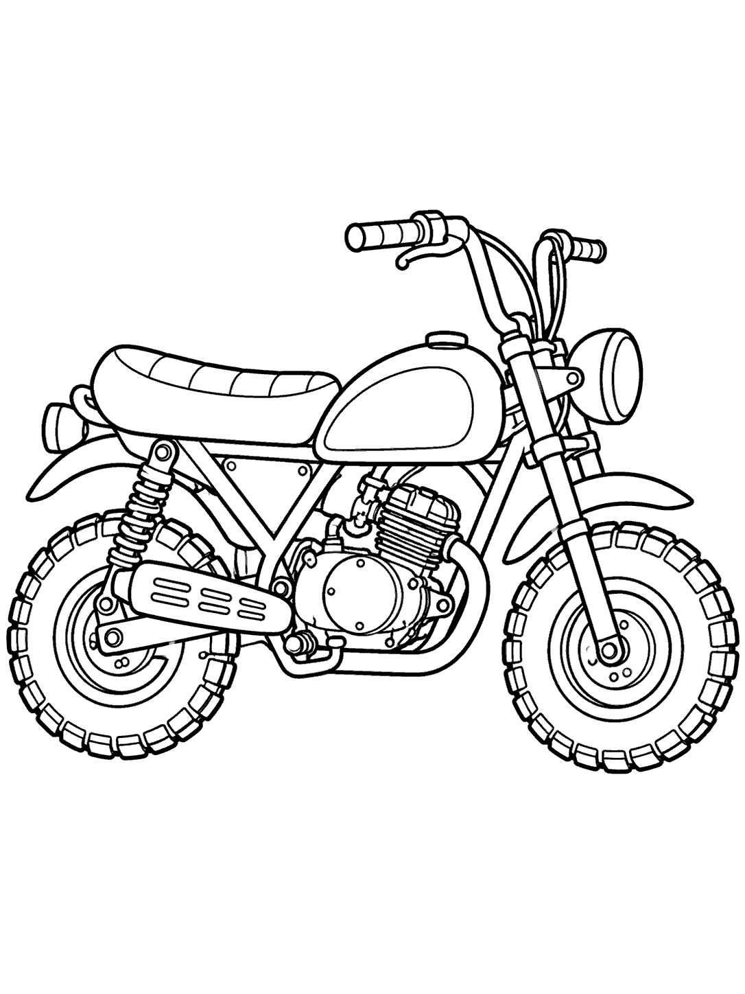 Black-and-white coloring page showing a minibike in side profile with chunky tires and a compact frame.