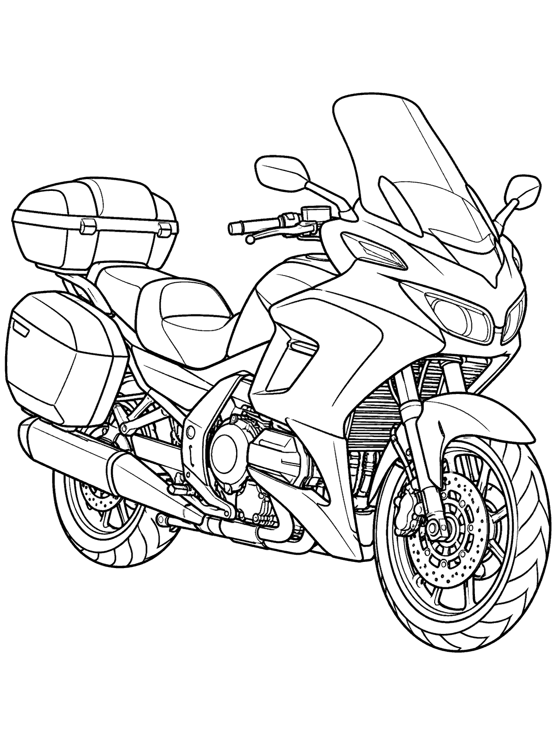 Touring motorcycle with windshield, matching saddlebags, and top case coloring page