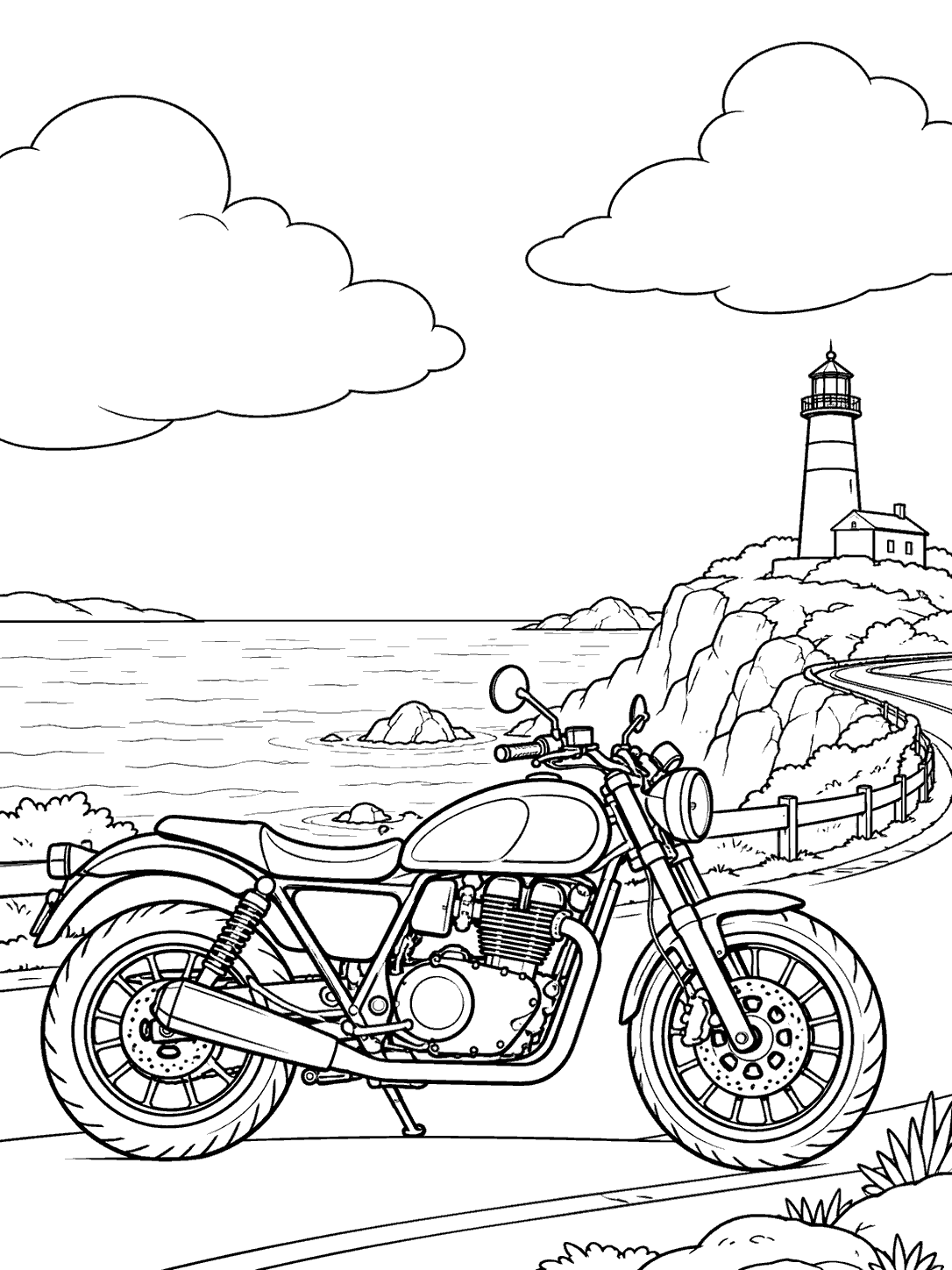 Black line art coloring page showing a side-view motorcycle on a coastal road, with a lighthouse, ocean, rocks, and two large clouds.