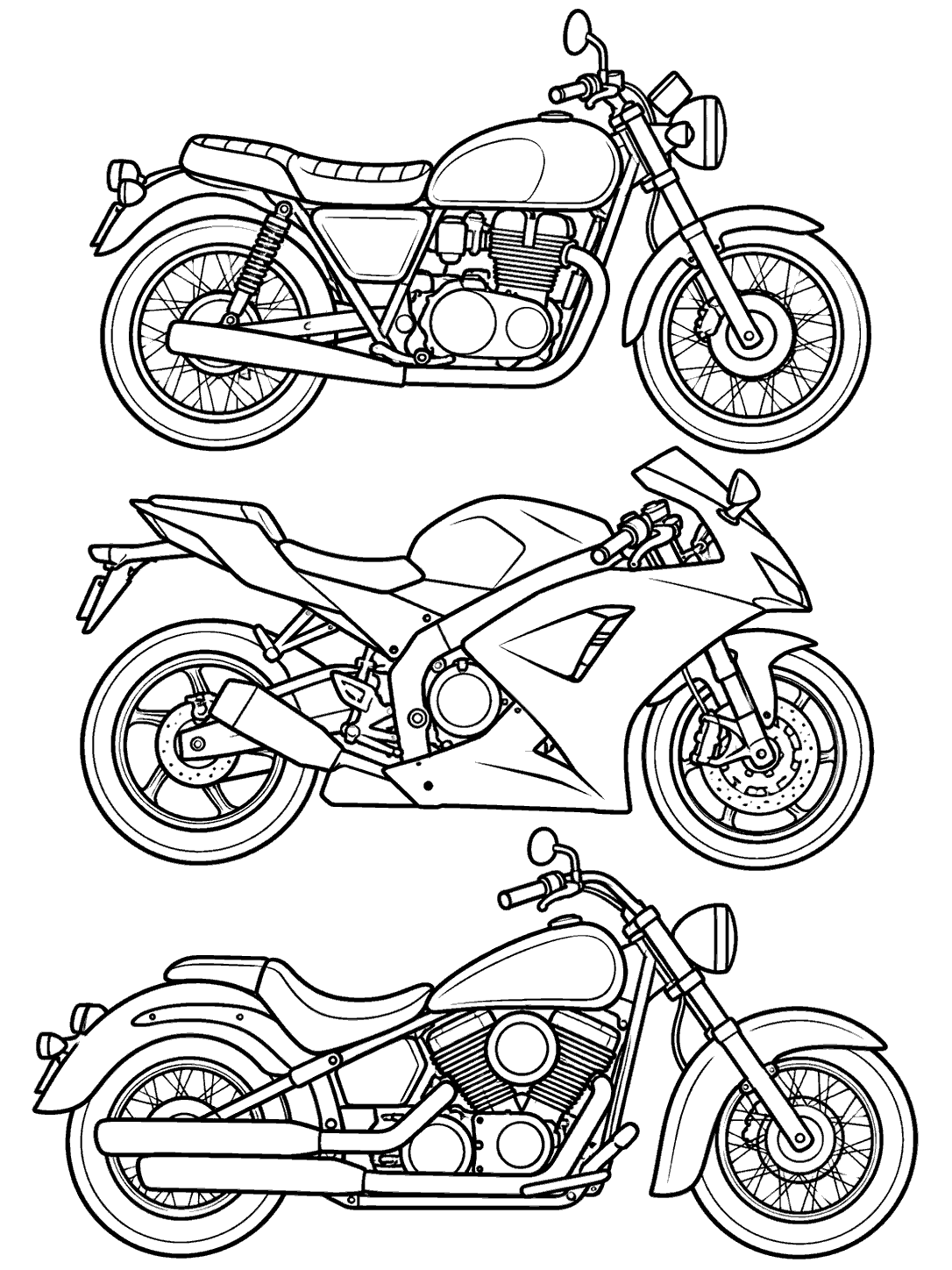 Three black-and-white motorcycle outlines: a classic standard bike, a sport motorcycle, and a low cruiser, stacked vertically on a printable coloring page.