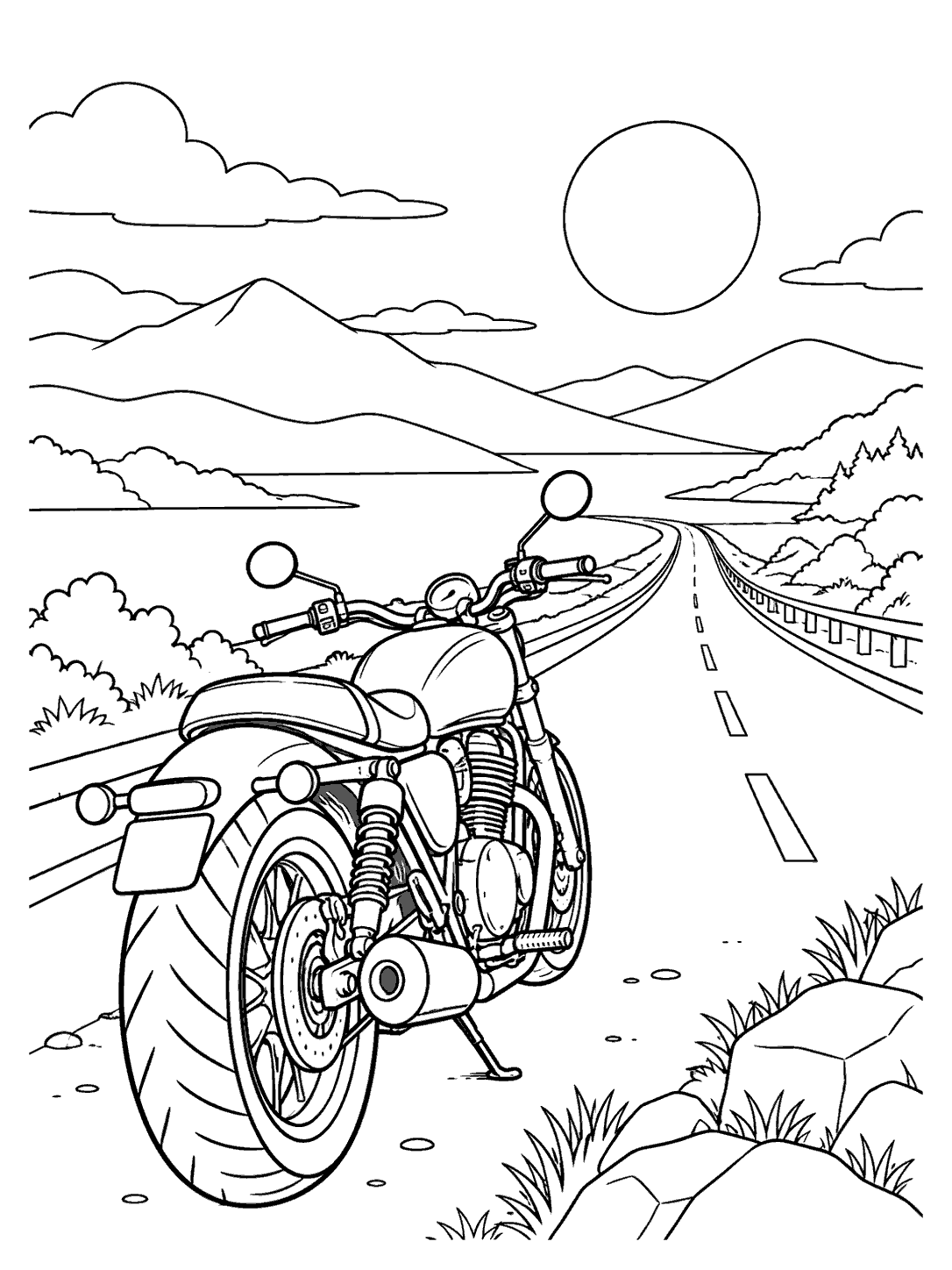 Motorcycle parked beside an open road winding through hills beneath a round sun, in a black-and-white coloring page.