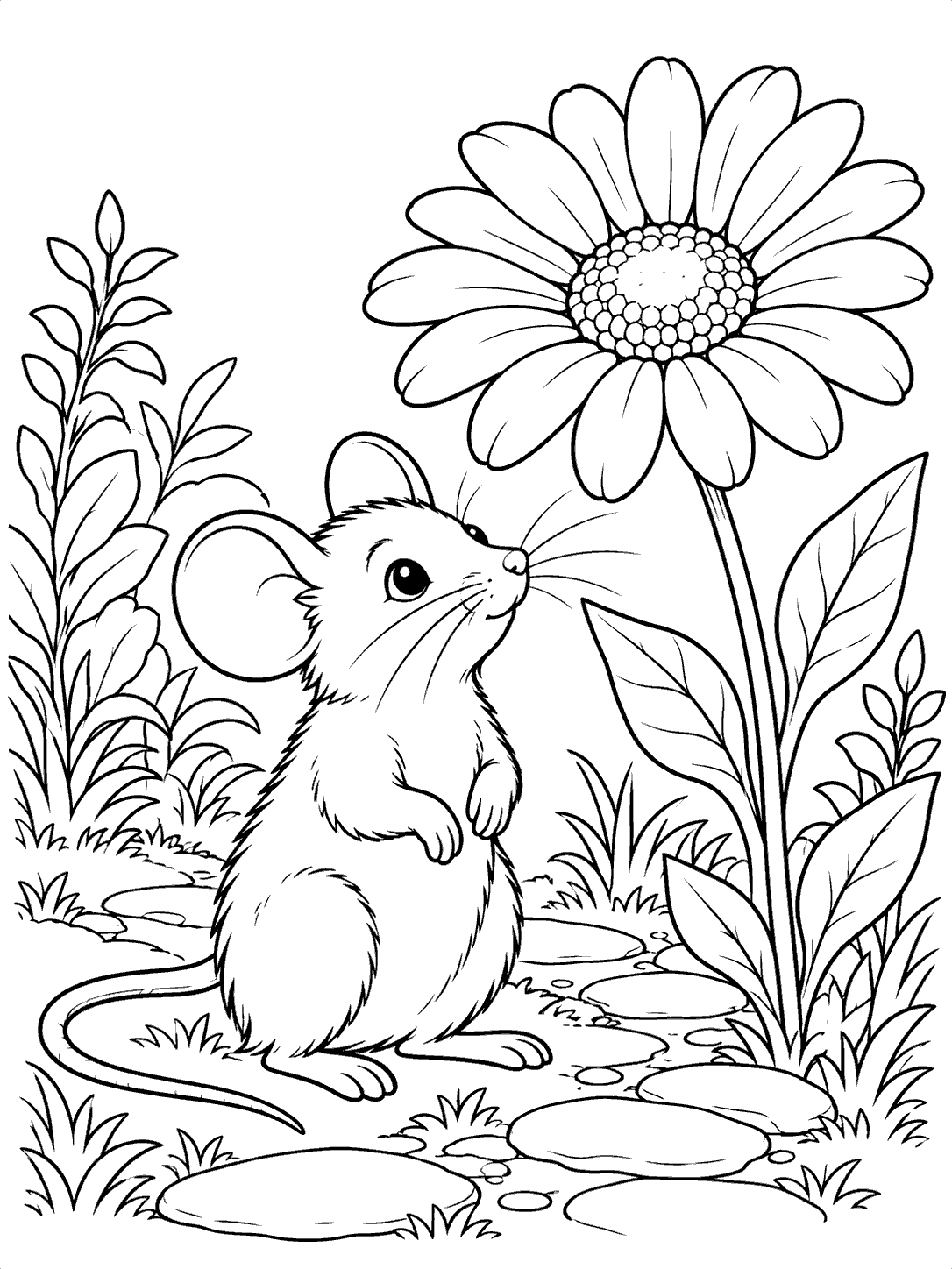 A large-eared mouse with whiskers and a long tail stands beside a large daisy among leafy plants and a stepping-stone garden path.