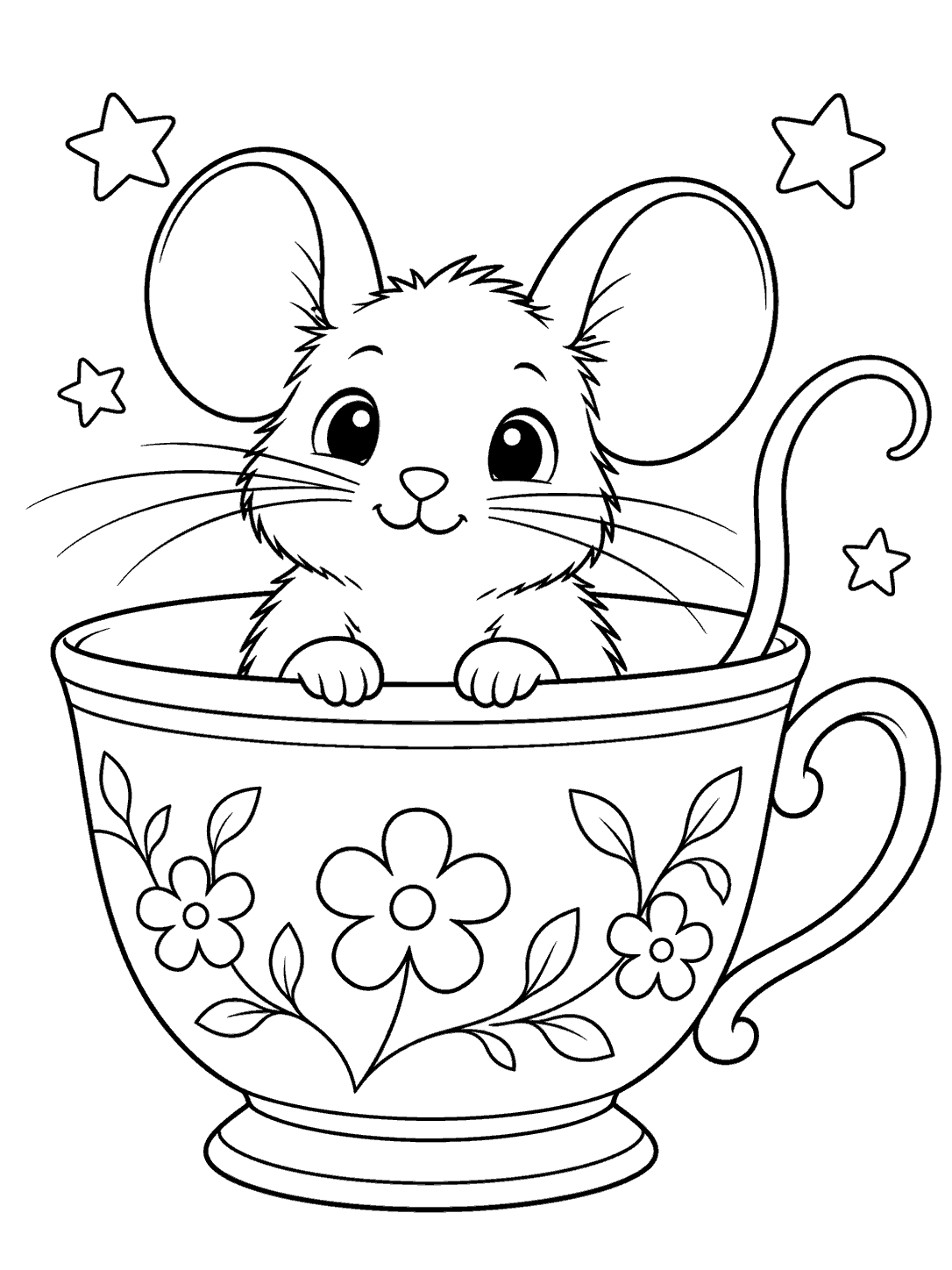 A cheerful mouse sits inside a decorated teacup, holding the rim with its paws, with its curled tail, whiskers, and simple stars visible.