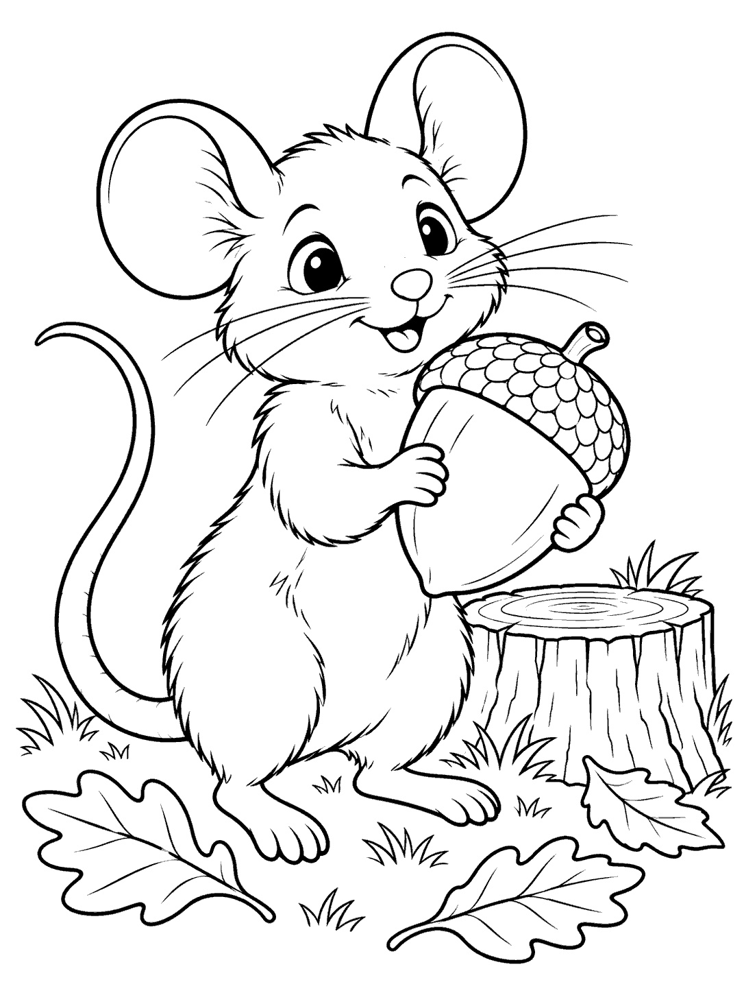 Friendly mouse holding an acorn beside a tree stump, with leaves and grass
