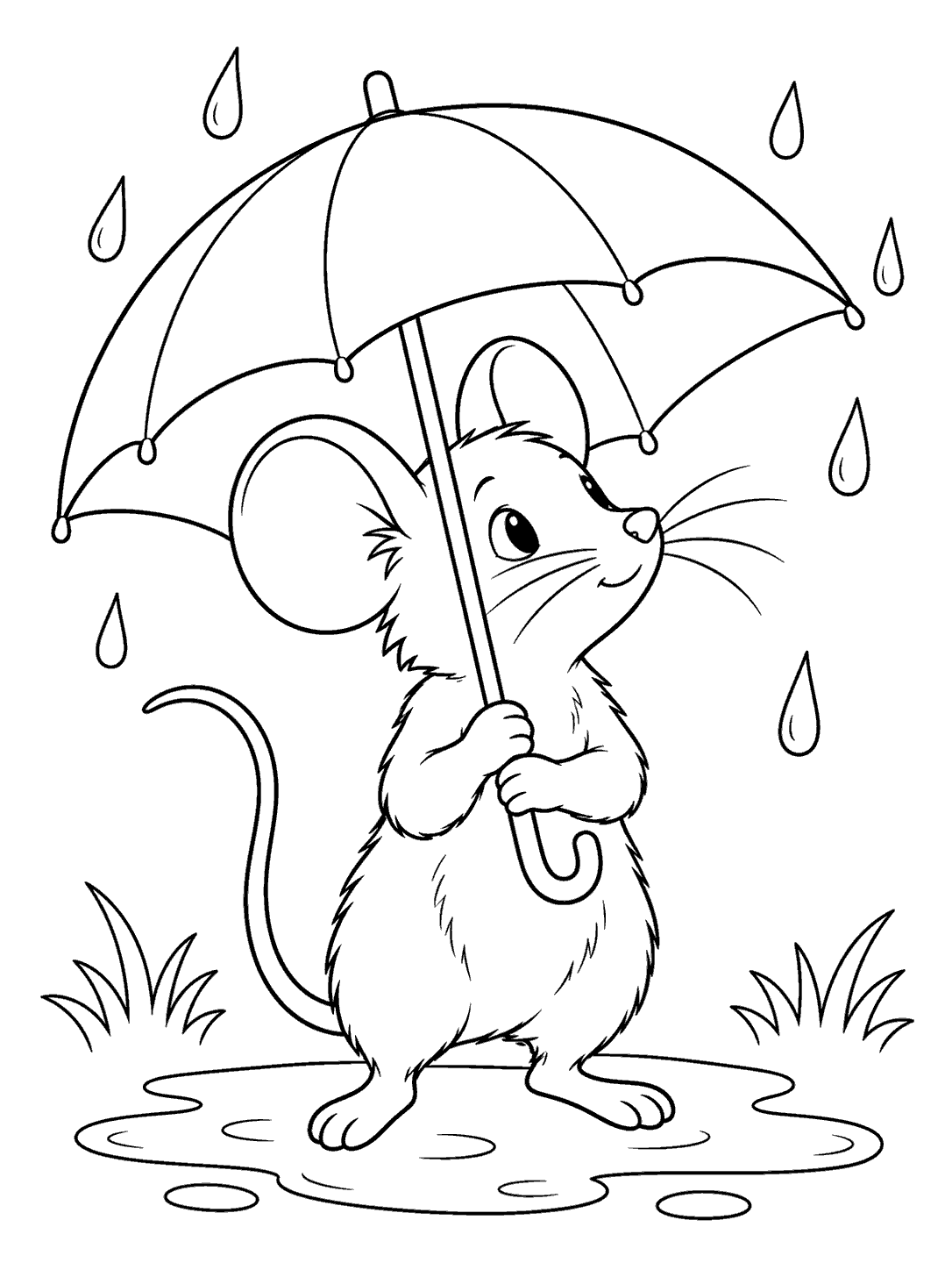Standing mouse with large ears, whiskers, and a long tail holding an umbrella among raindrops, grass tufts, and a puddle.