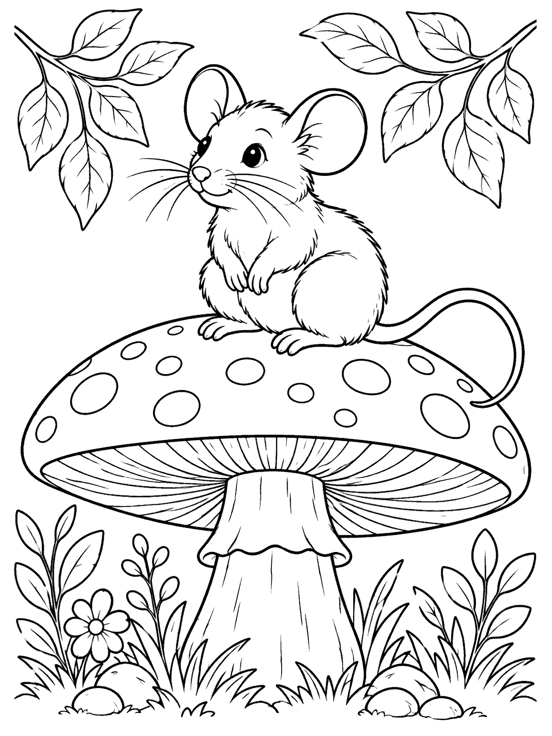 Black-outline coloring page of a seated mouse with whiskers, paws, and a curling tail on a large spotted mushroom, framed by leafy branches and ground plants.