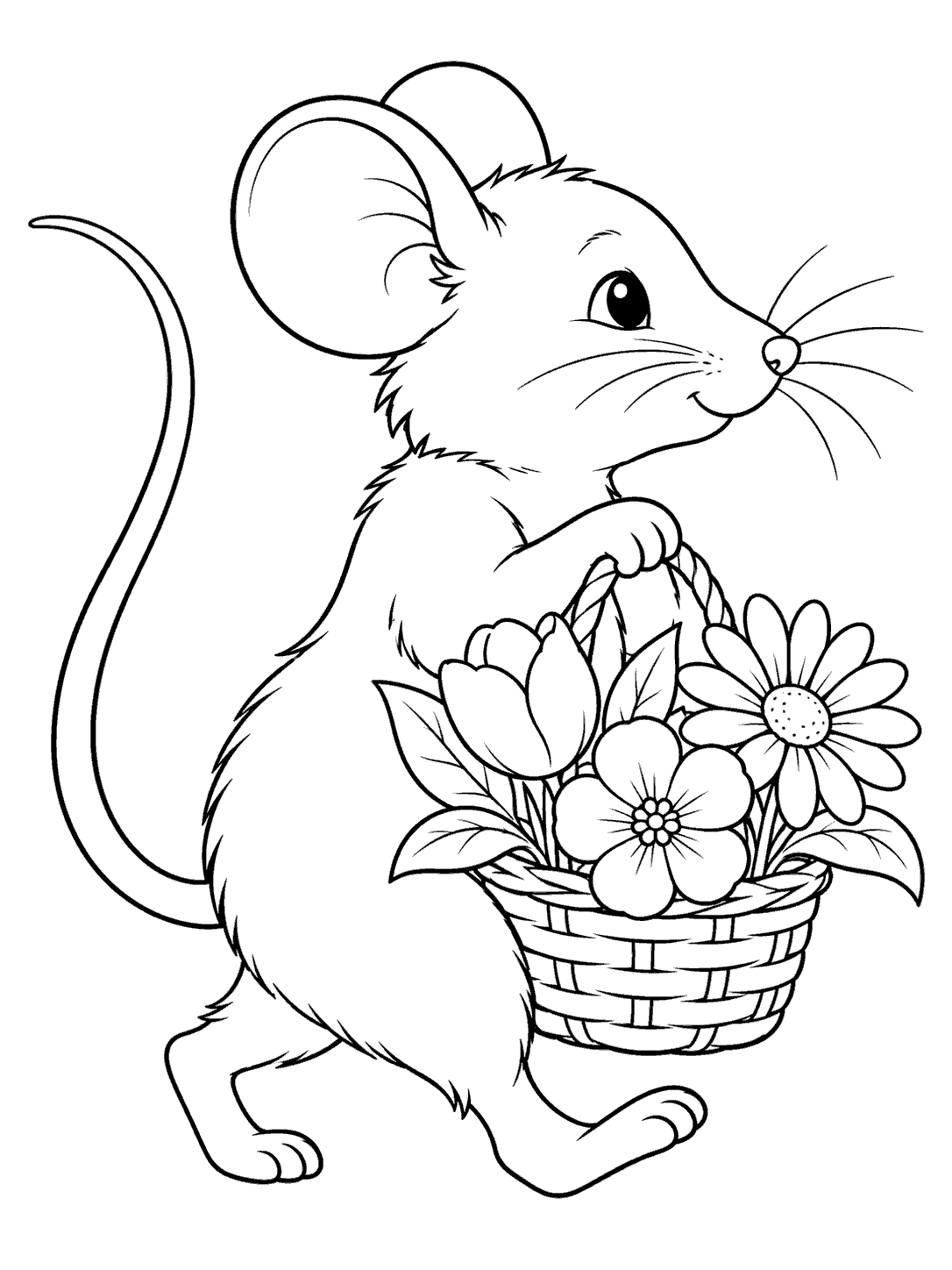 Side-view mouse walking with a woven basket of three large flowers