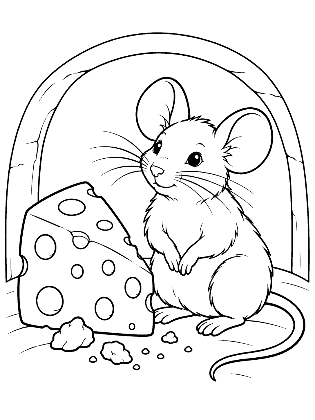 Mouse beside a wedge of cheese in a rounded nook, with crumbs and a curved tail