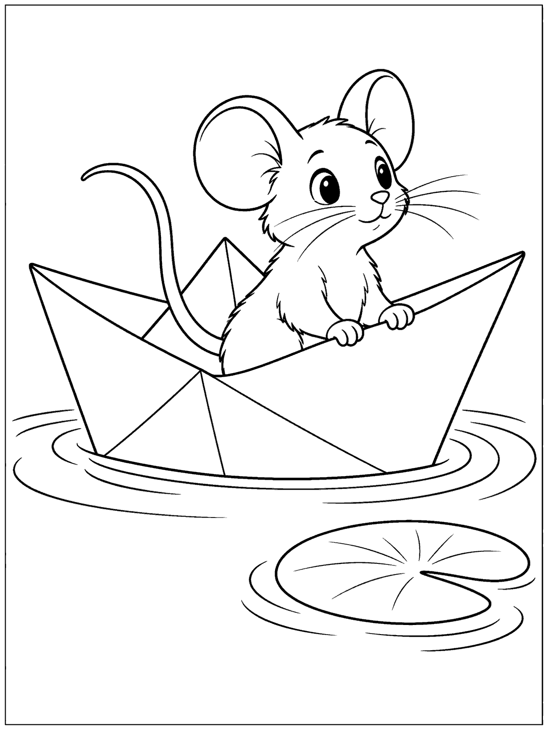 A wide-eared mouse sits in a folded paper boat, surrounded by pond ripples and one lily pad.