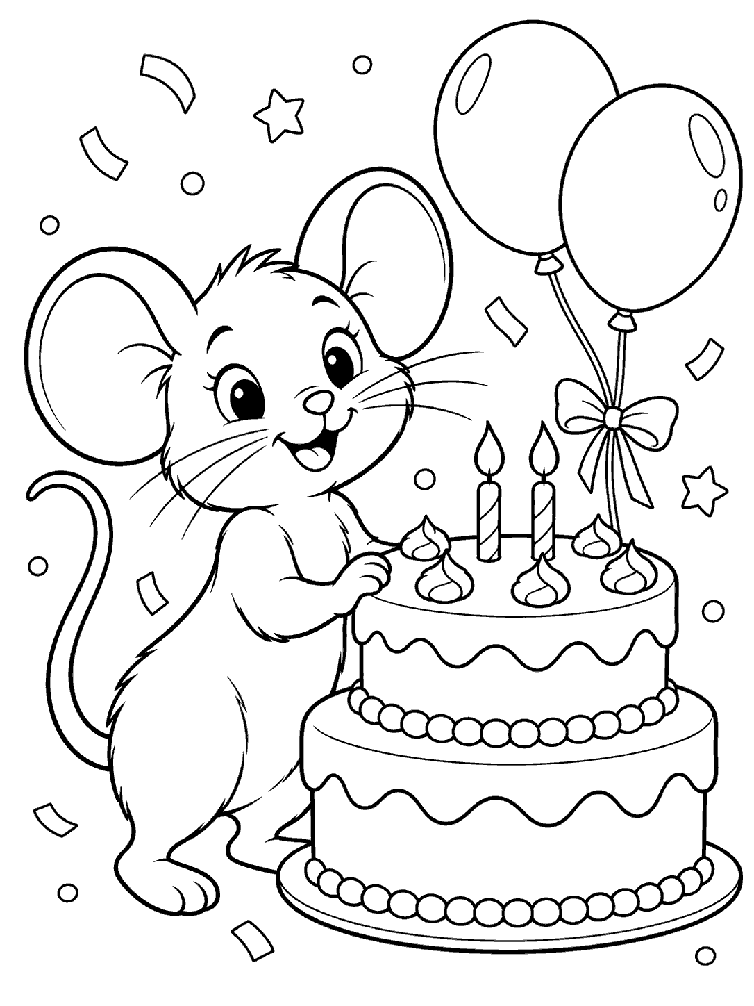 Smiling mouse beside a two-layer birthday cake, two balloons, and scattered confetti