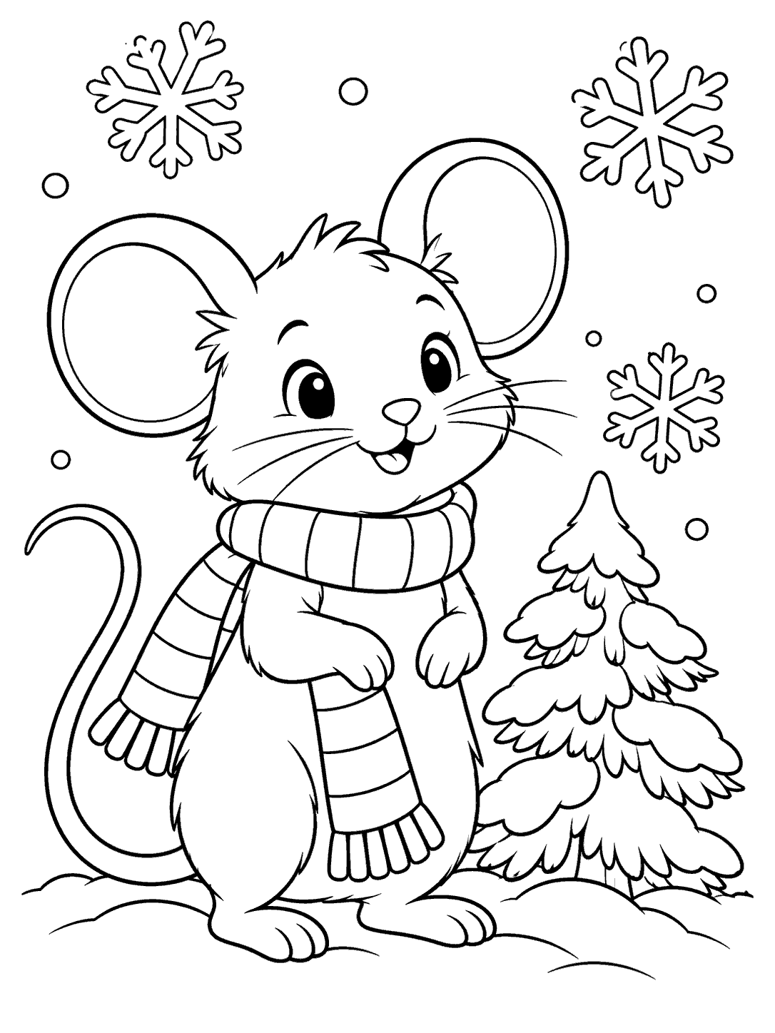 Smiling mouse wearing a striped scarf beside a snowy evergreen, with large snowflakes in the background.