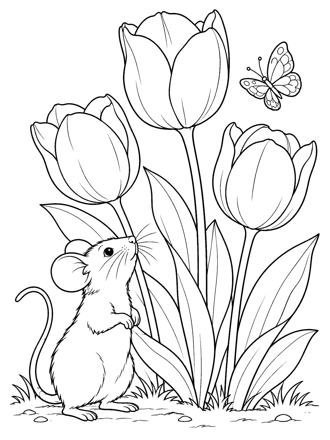 A mouse looking up at three oversized tulips, with a butterfly overhead.