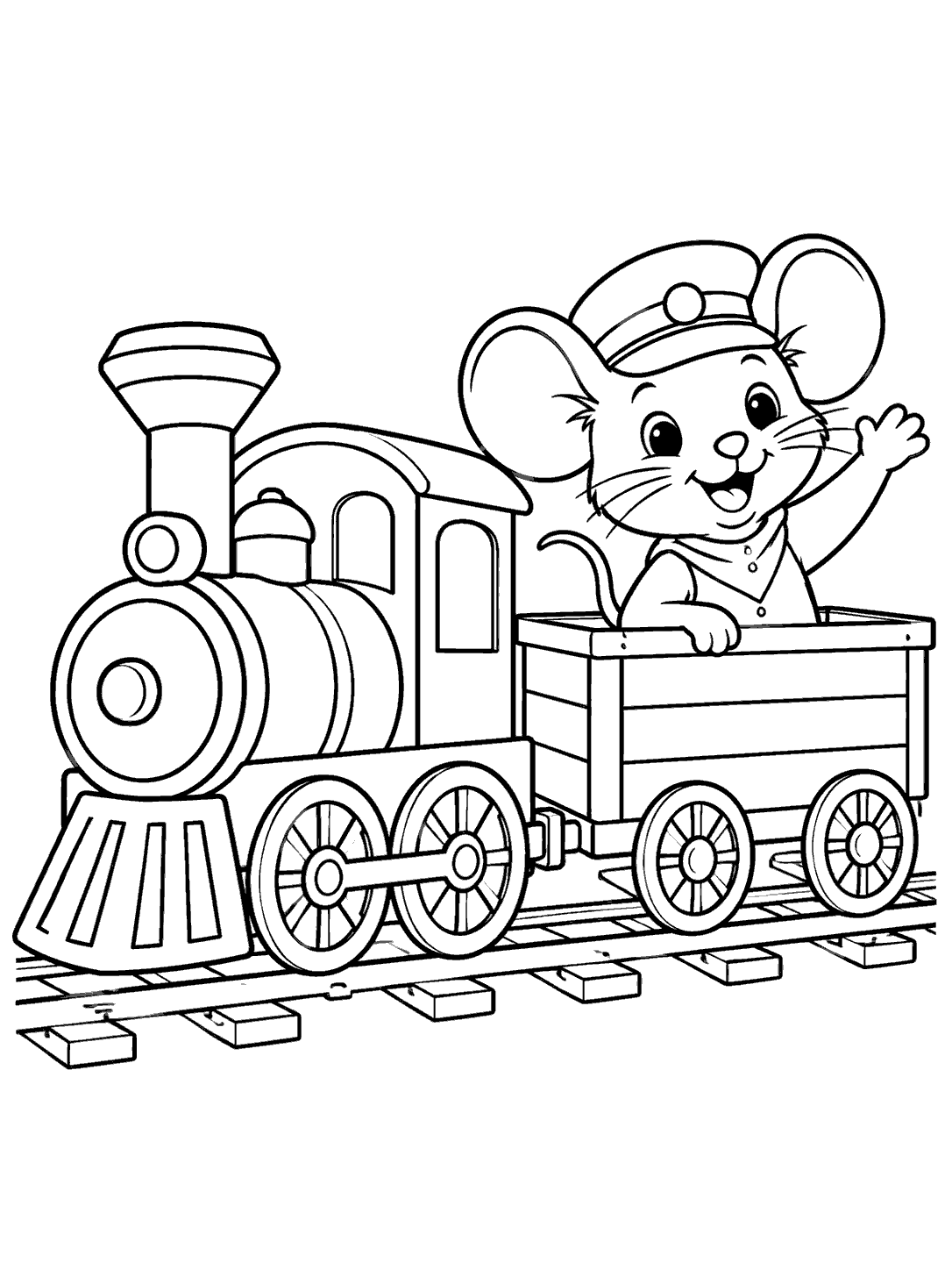 A smiling mouse in a conductor cap waves from a toy carriage behind a locomotive on a short track.