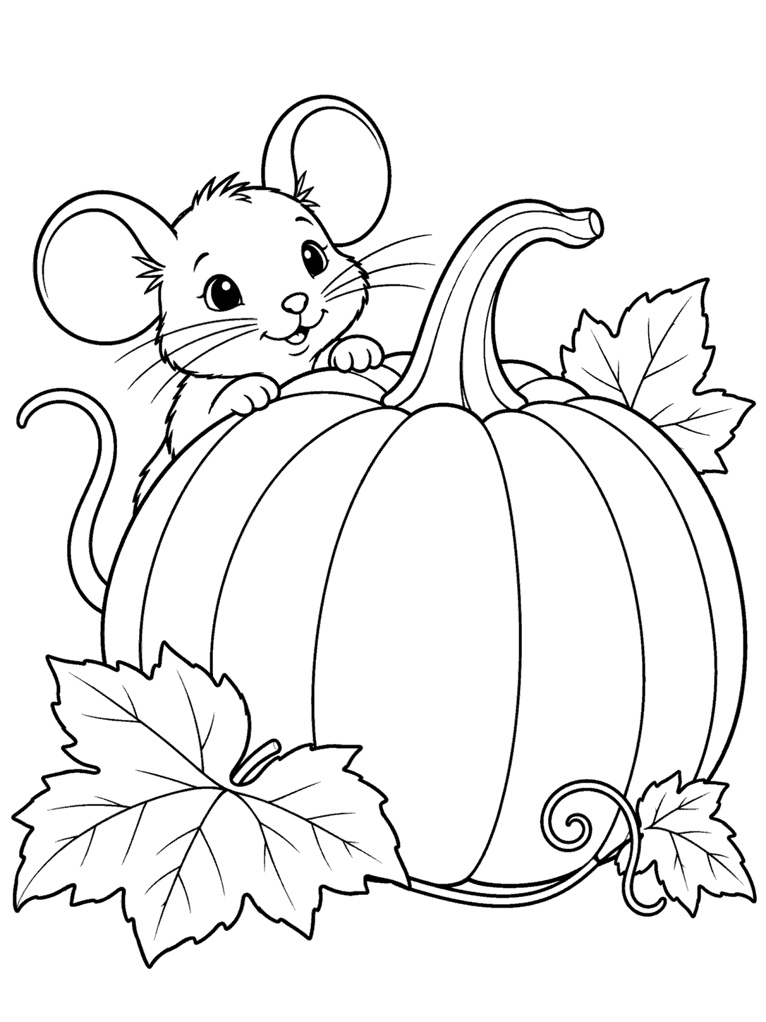 A mouse peeking over a broad-ridged pumpkin with leaves and a curled vine.