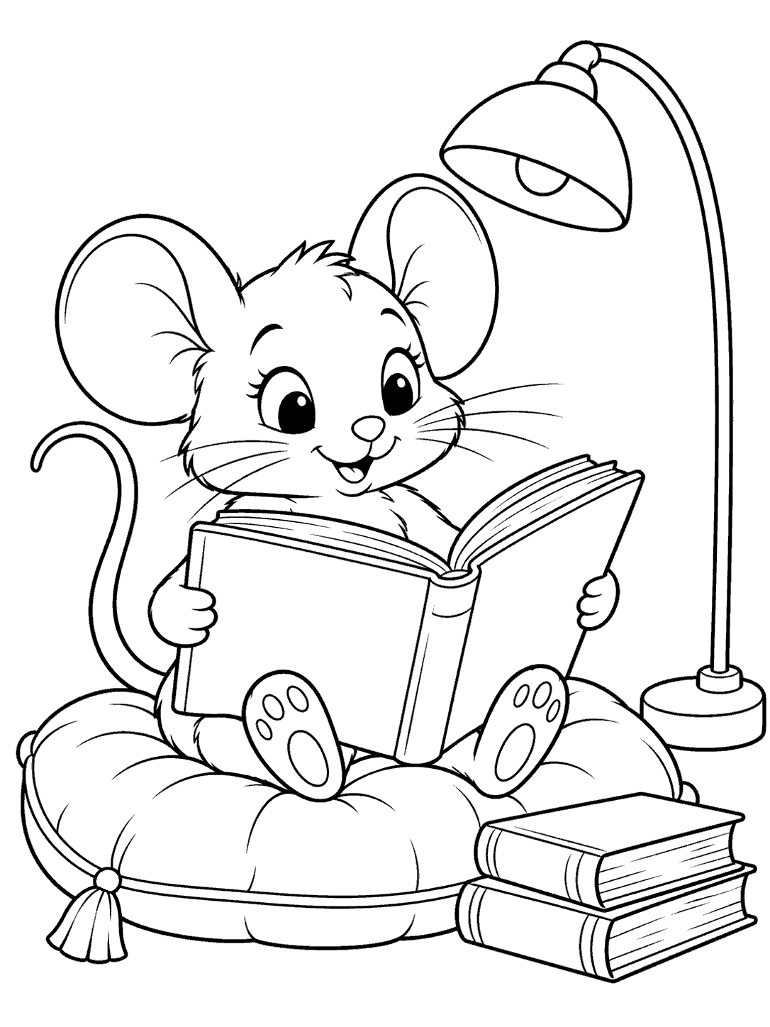 Friendly mouse seated on a floor cushion reading an open book beside a curved lamp and two stacked books