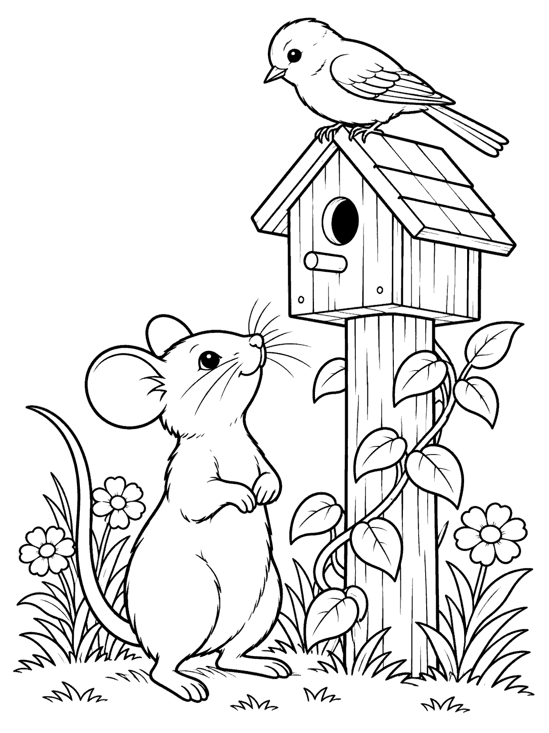 A mouse stands beside a leafy wooden post topped with a birdhouse, while a bird perches on its roof.