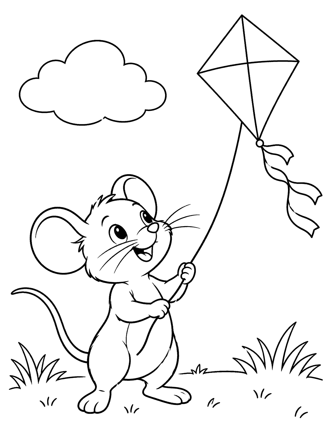 A mouse flying a diamond kite above meadow grass, with a cloud overhead.