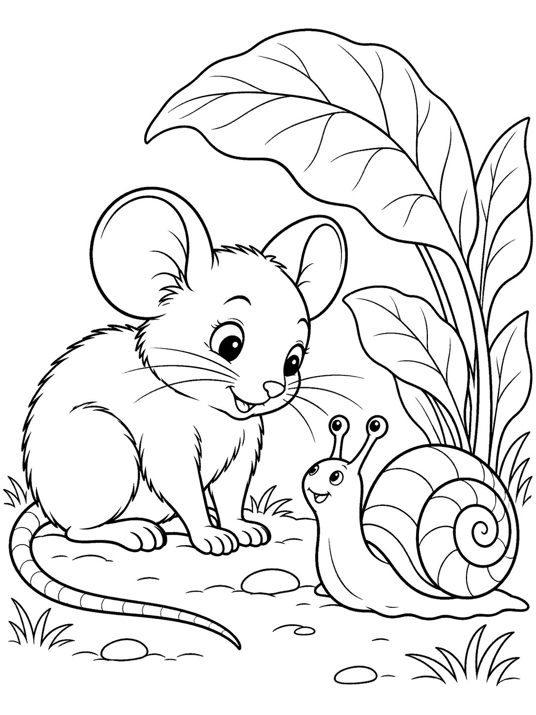 A crouching mouse with visible ears, whiskers, paws, and long tail meets a smiling snail with a coiled shell and raised feelers beside broad leaves.