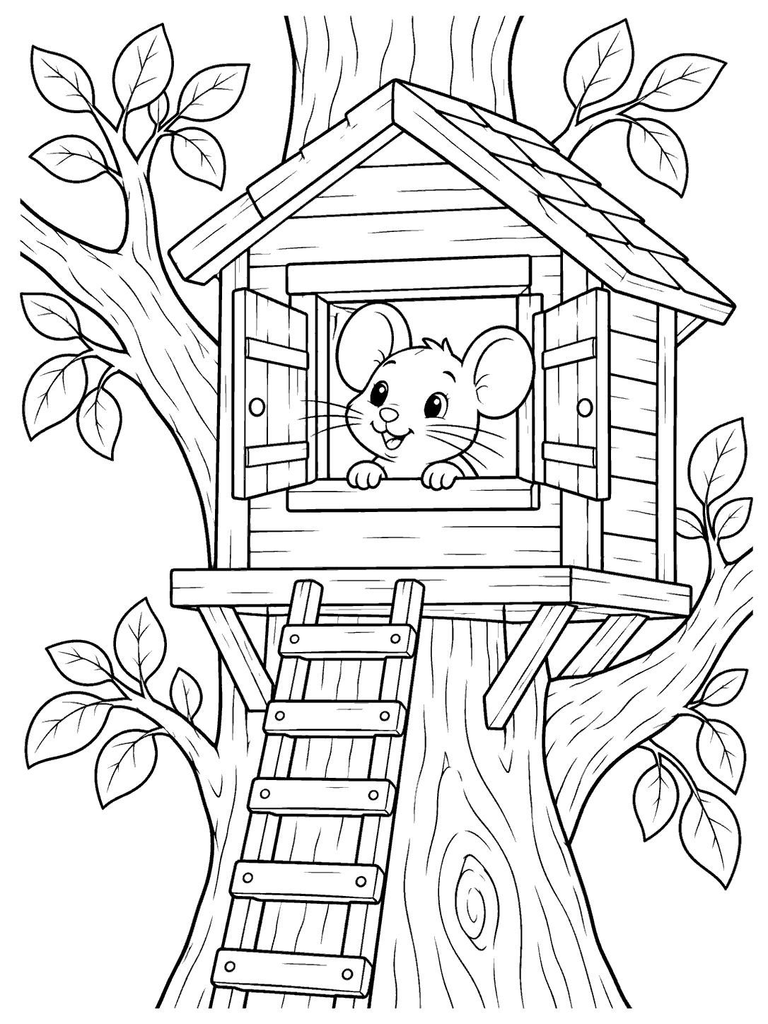A mouse with visible ears, whiskers, and paws looking through an open treehouse window, with a ladder and leafy branches.