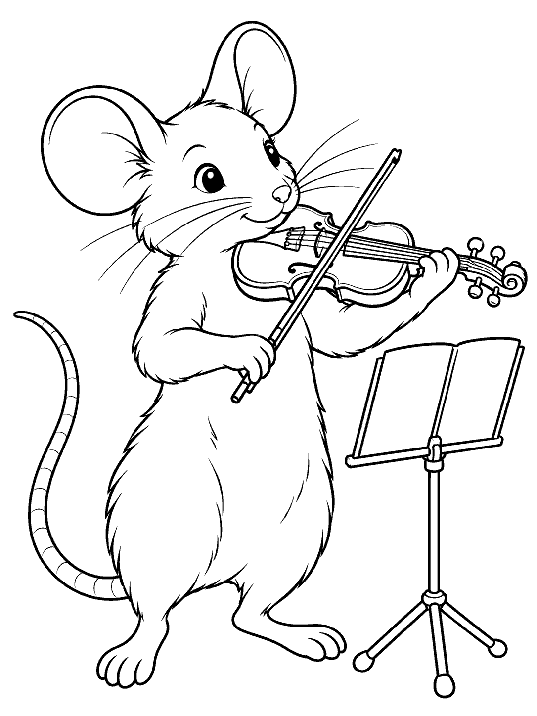Upright mouse playing a violin and bow beside a blank-page music stand