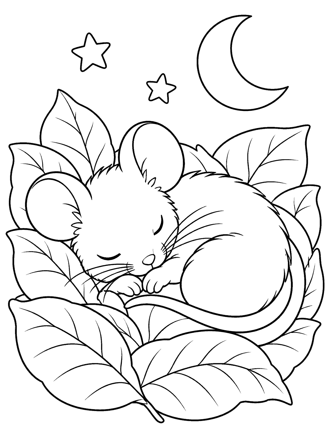 Sleepy mouse curled in a leafy nest beneath a crescent moon and two stars
