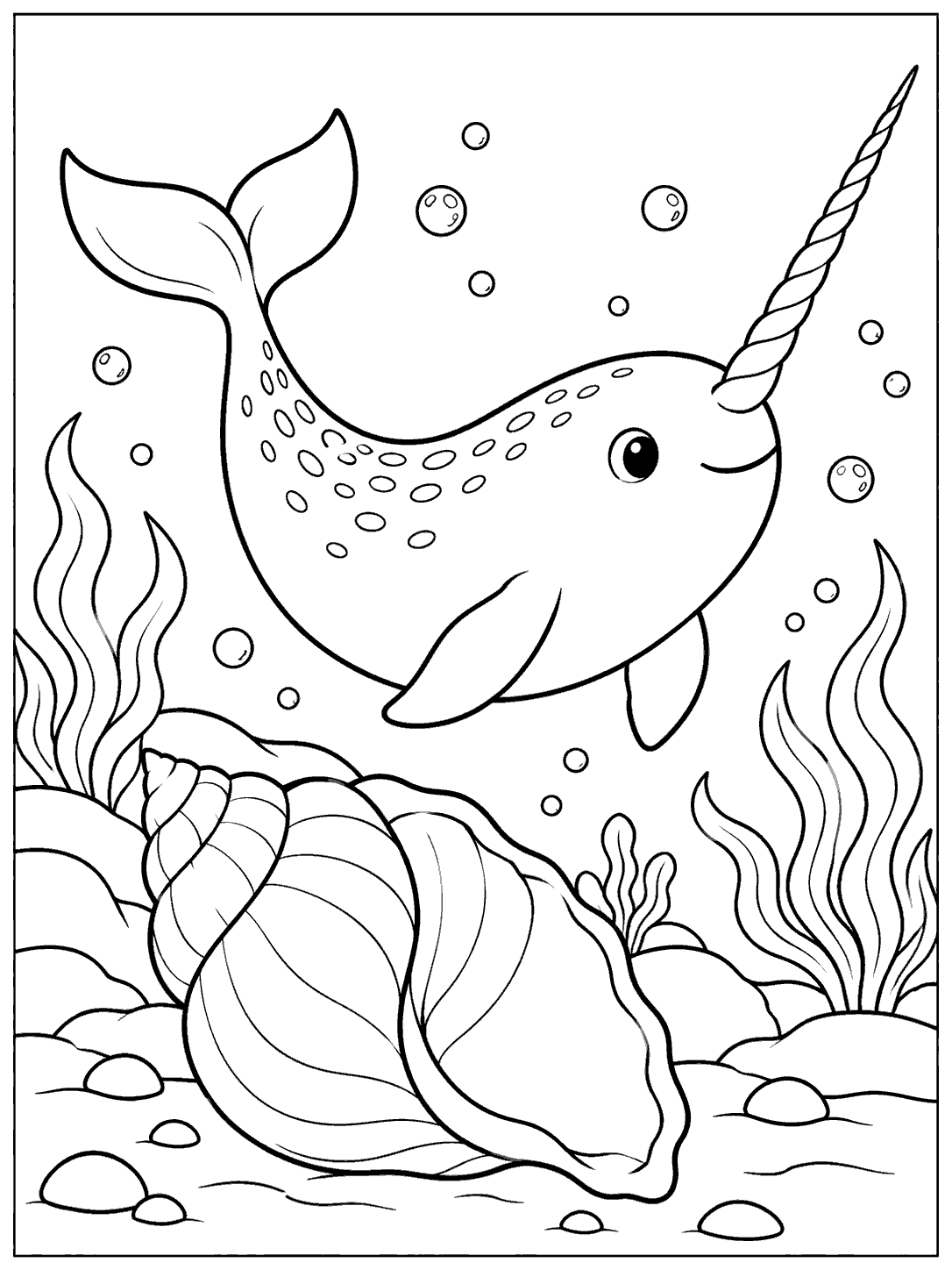 A side-view narwhal with a long spiral tusk swims above a large spiral seashell, surrounded by bubbles and seaweed.