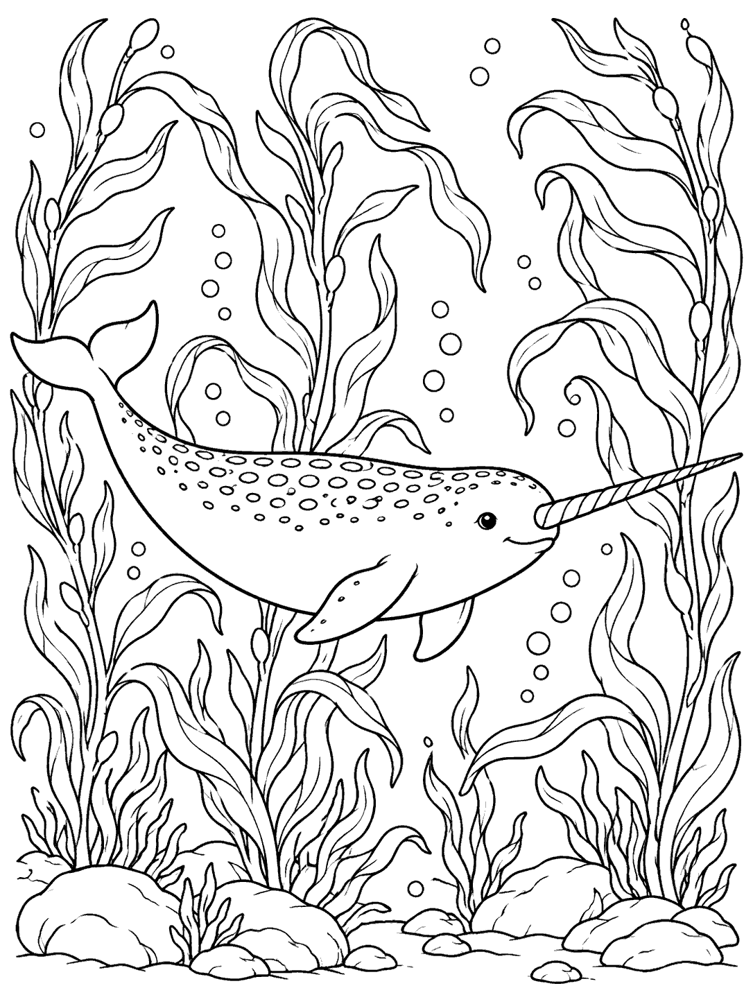 A tusked narwhal swims horizontally through tall kelp fronds above a rocky seabed.