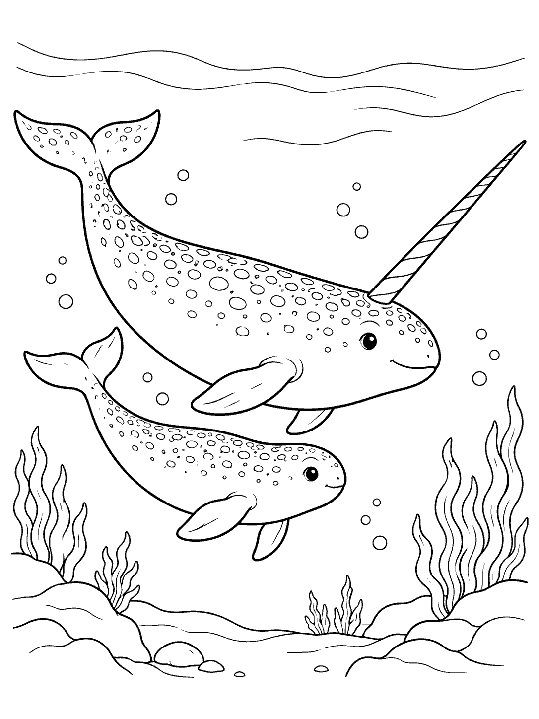 Adult narwhal with a long tusk swimming beside a smaller tuskless calf in a black-and-white underwater coloring page.