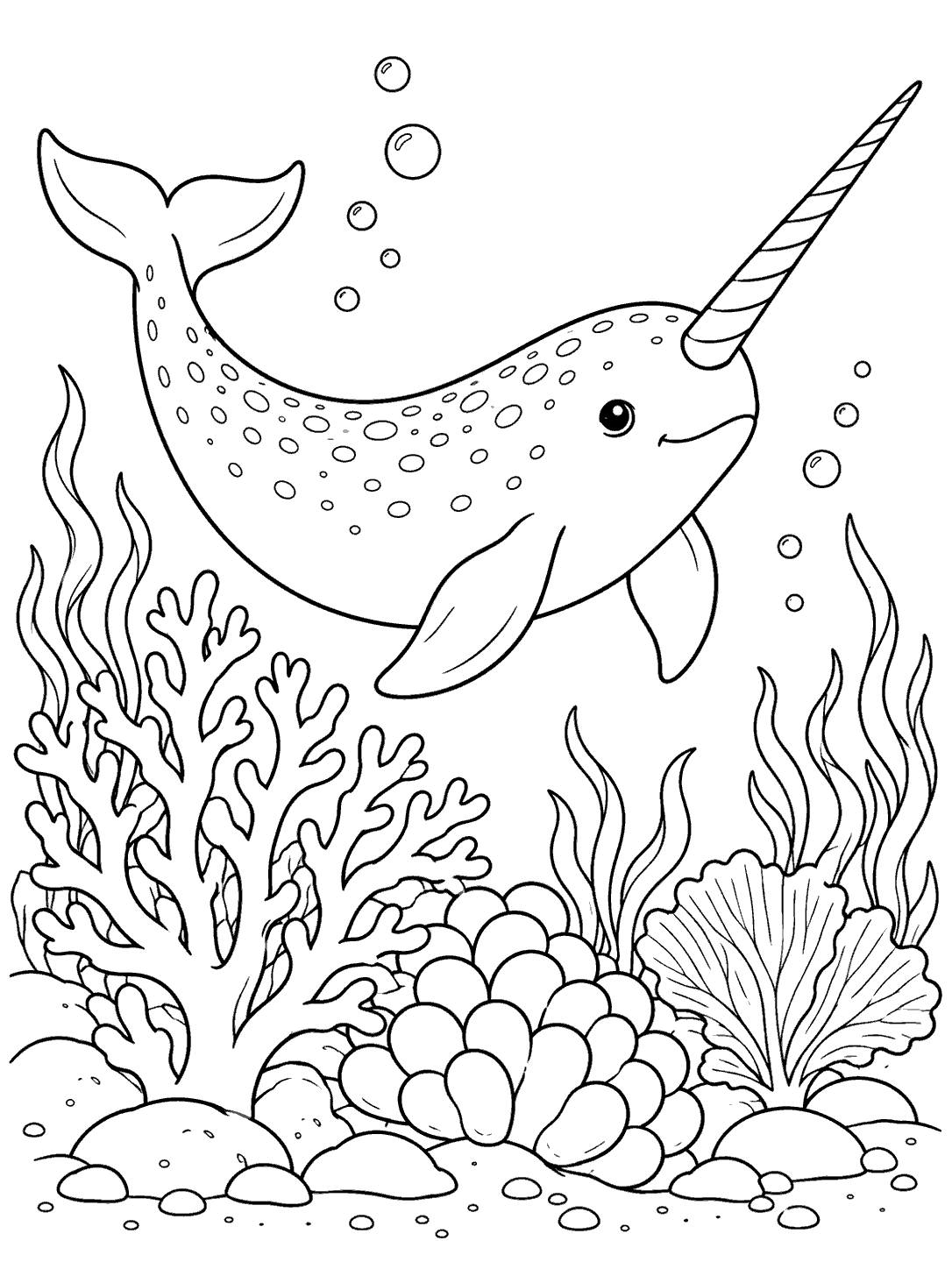 Black outline coloring page of a narwhal swimming above branching, rounded, and fan-shaped coral, with bubbles and seafloor details.