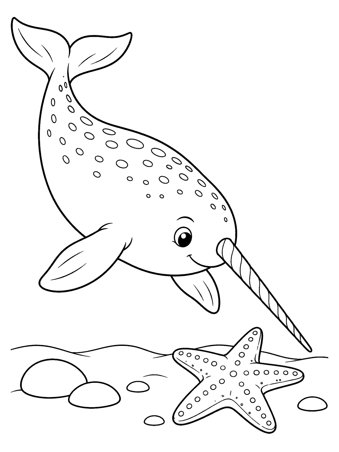 Black line art of a spotted narwhal angled downward toward a five-armed starfish, with a few pebbles on the seabed.