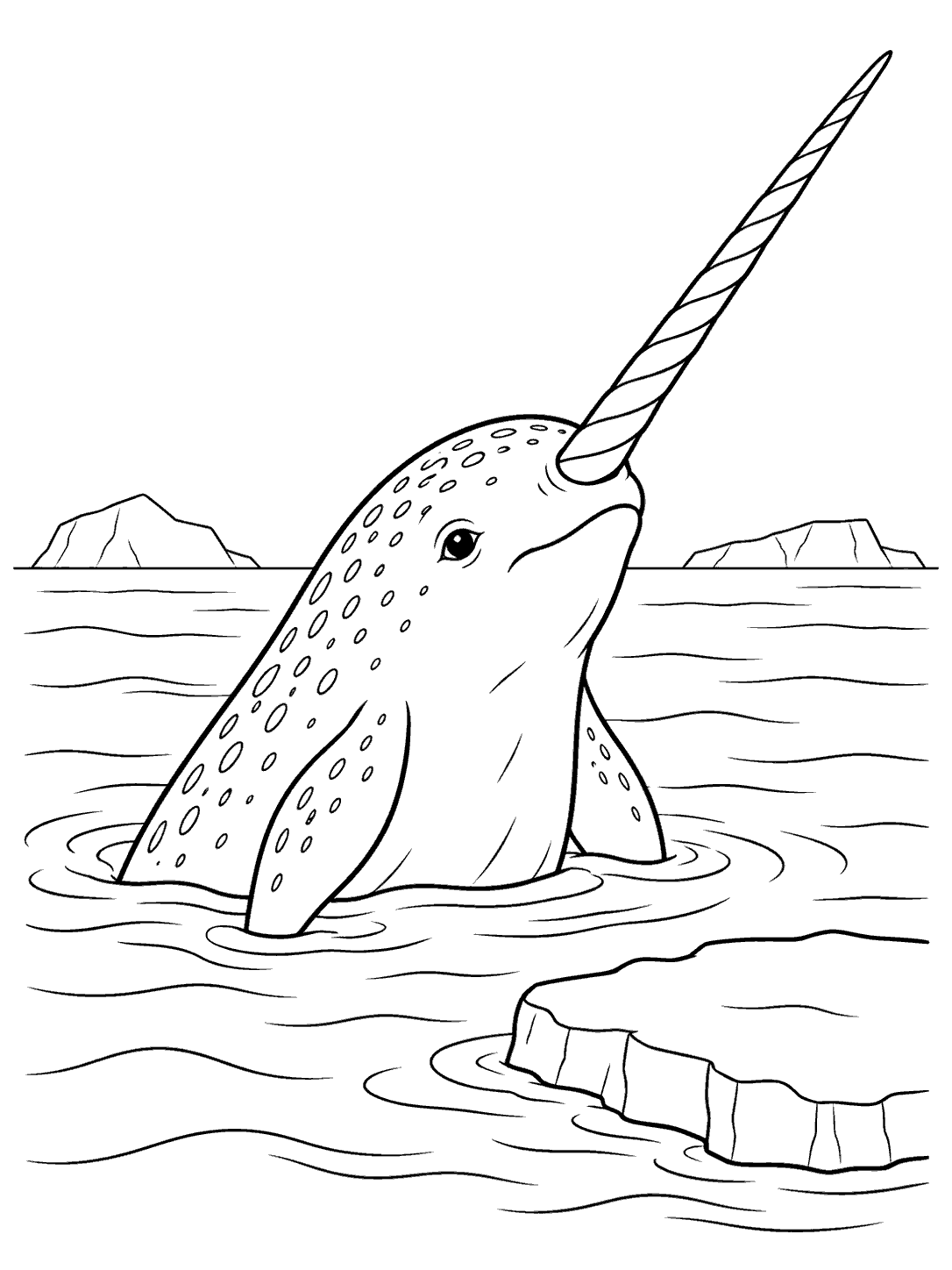 A spotted narwhal with a long tusk rises from curved water lines beside an ice floe, with two low ice shapes on the horizon.