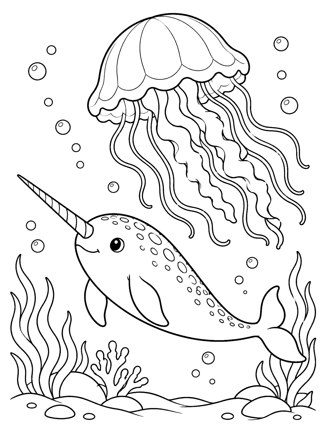 Narwhal swimming below a jellyfish, surrounded by bubbles and simple sea plants.