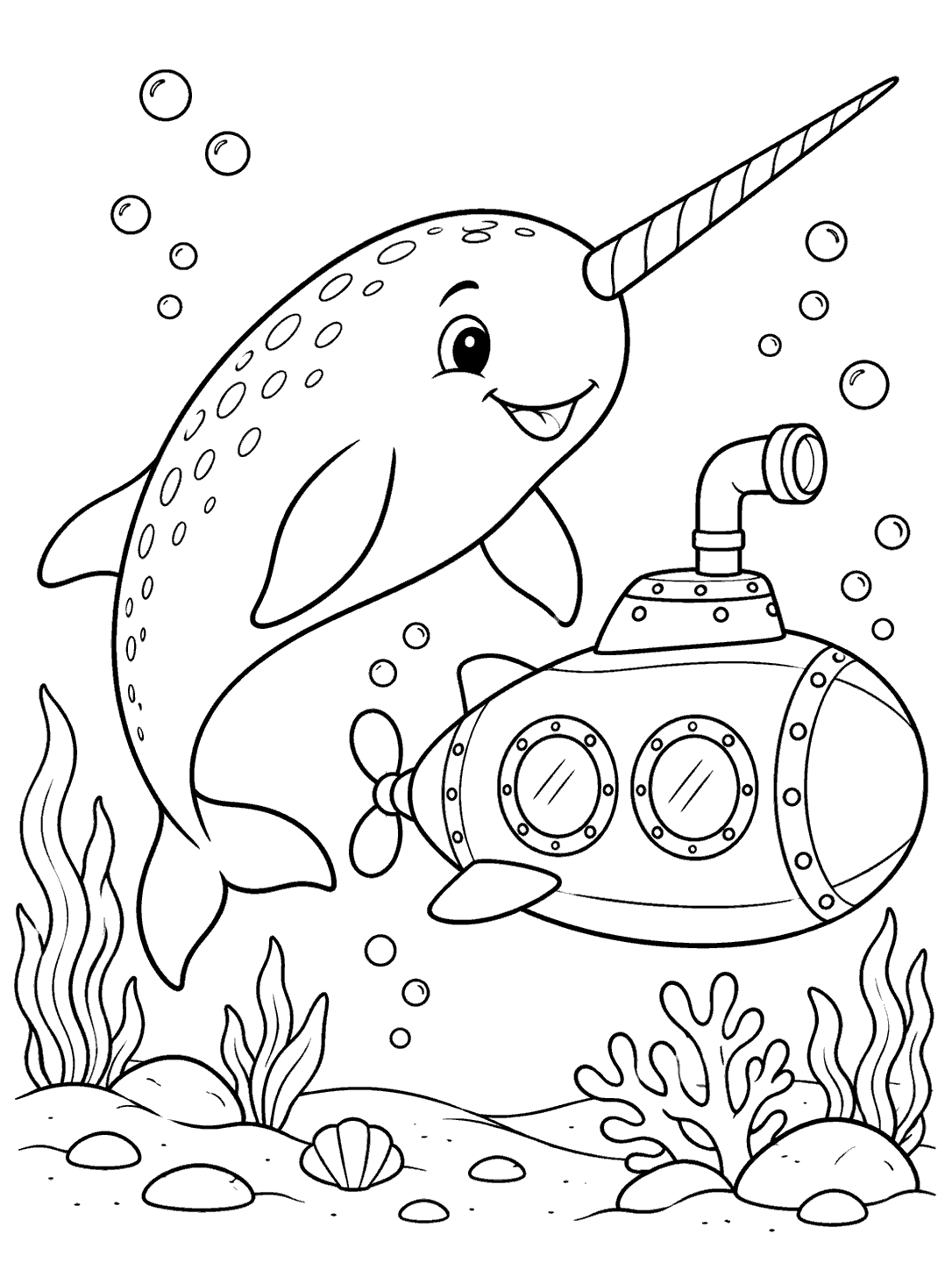 Black-and-white coloring page showing a smiling narwhal with a long striped tusk beside a rounded submarine with a periscope and two circular portholes, with bubbles and seabed plants.