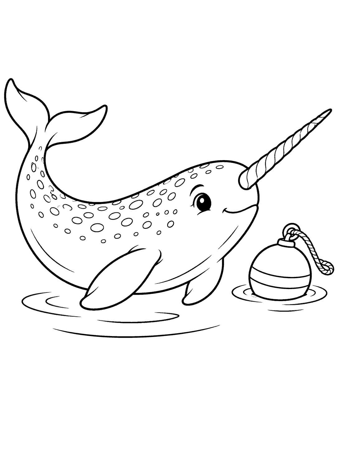 Narwhal swimming beside a round buoy coloring page