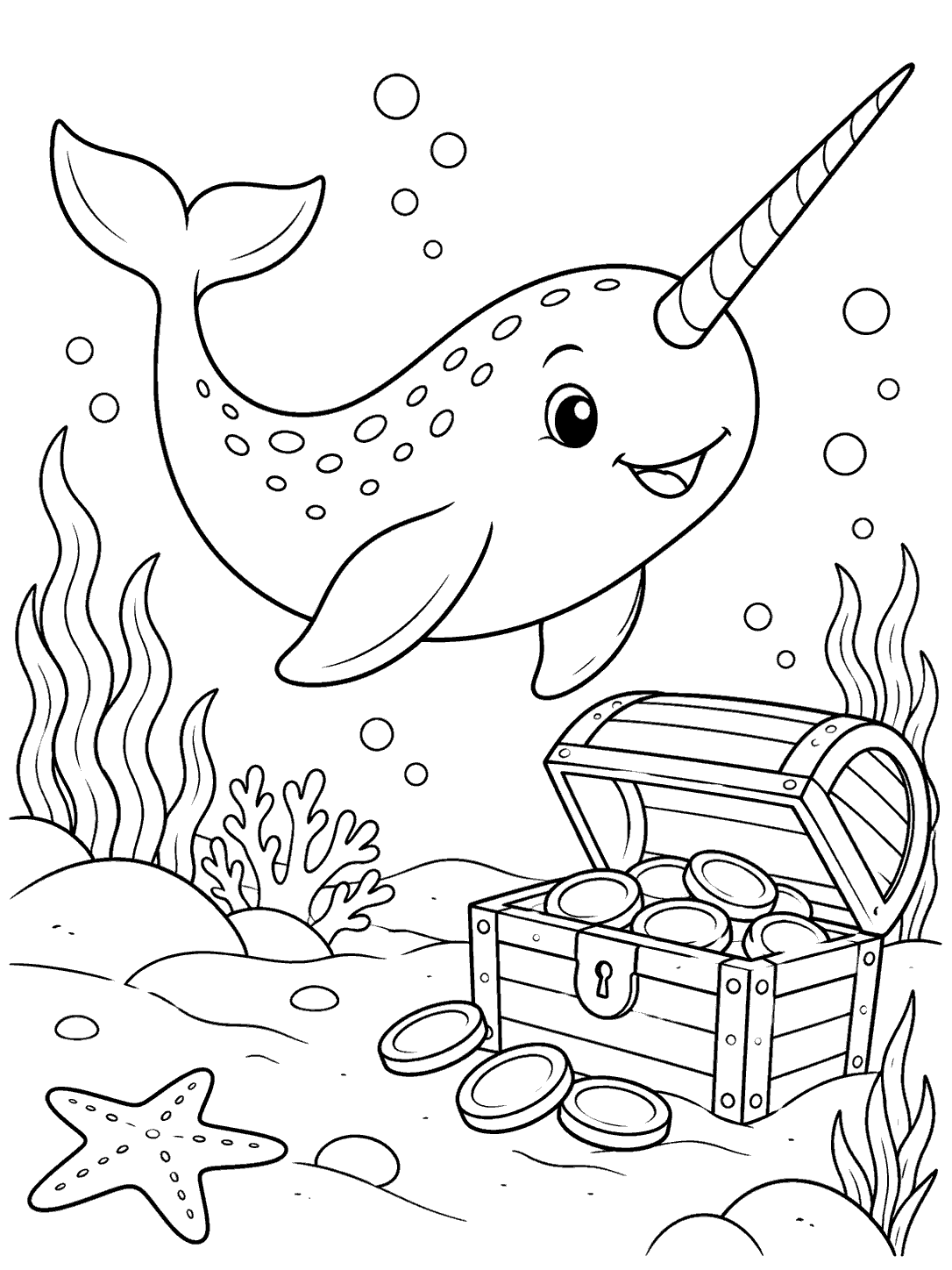 A smiling narwhal hovers above the seabed beside an open treasure chest with coins spilling out.