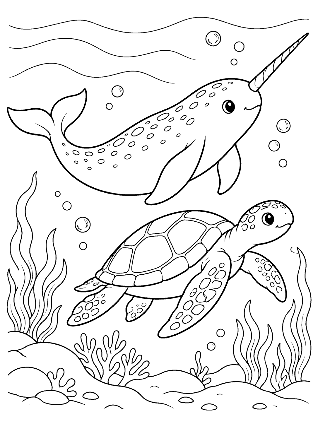 A tusked narwhal swims above a sea turtle with a divided domed shell, flippers, bubbles, seaweed, coral, and a rocky seabed.