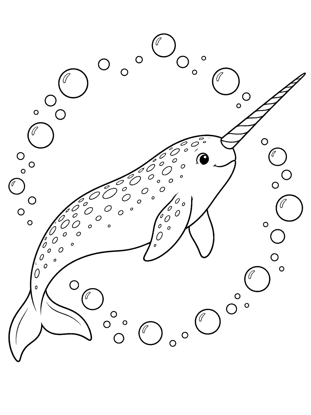 Side-view narwhal with a long tusk swimming inside a ring of bubbles