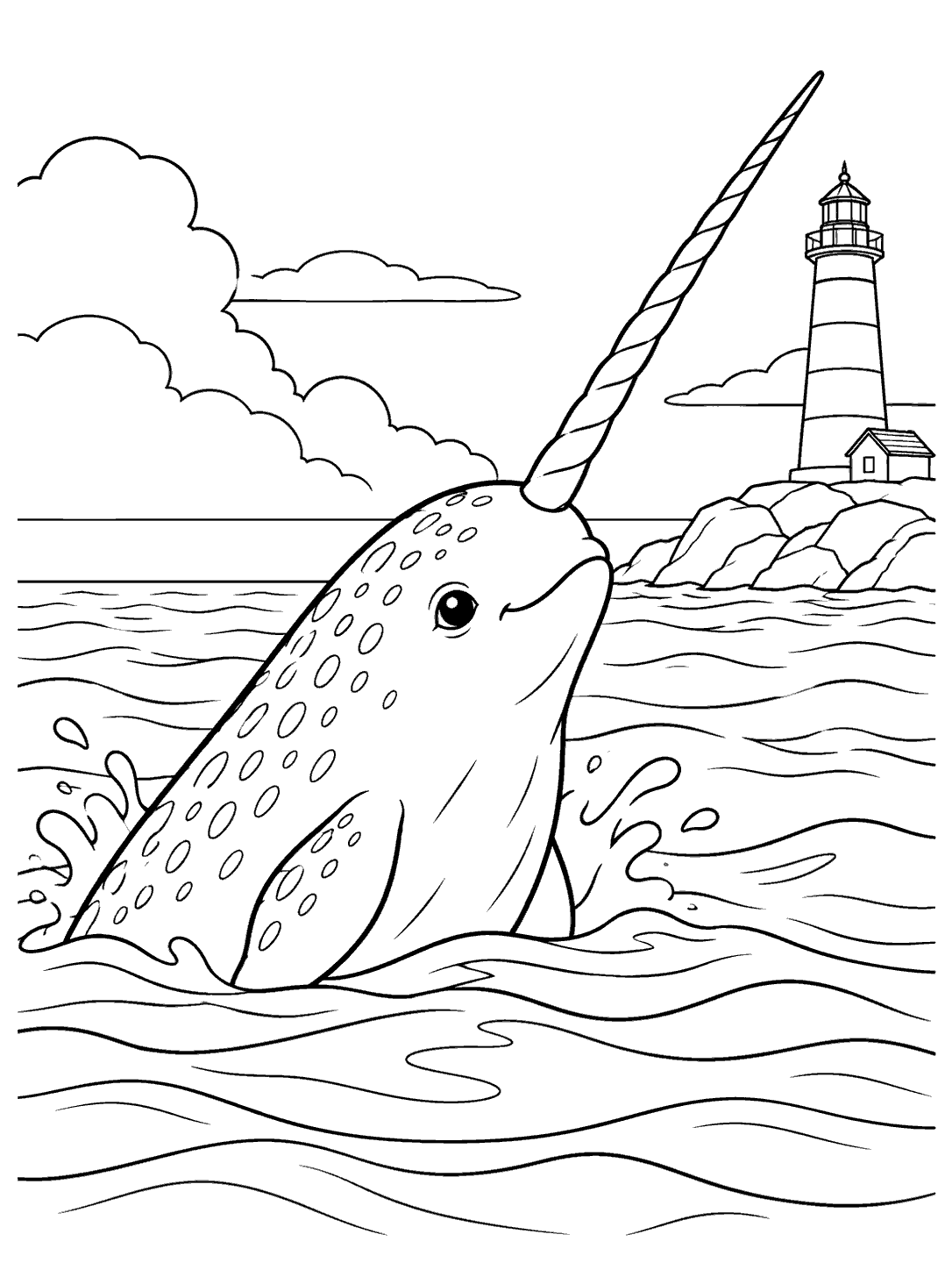A large narwhal with a long spiral tusk surfaces in the foreground, with a striped lighthouse on a rocky shore behind it.