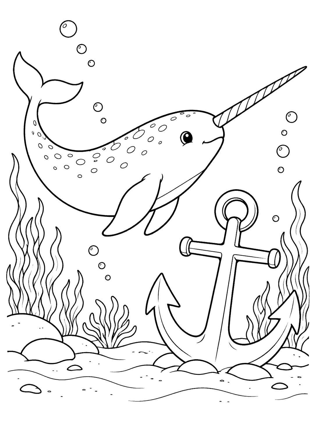 A profile narwhal swims past an upright ship anchor among bubbles, seaweed, rocks, and sand ripples.