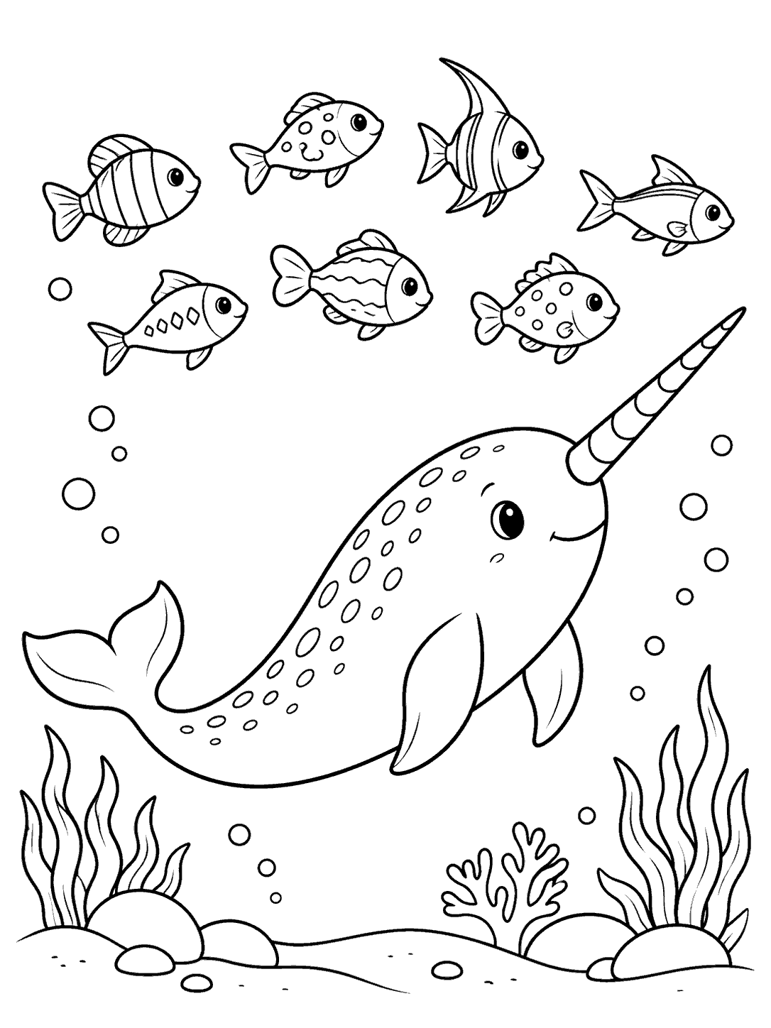 Black outline coloring page of a narwhal swimming beneath seven distinct fish, with bubbles, seaweed, coral, and rocks.