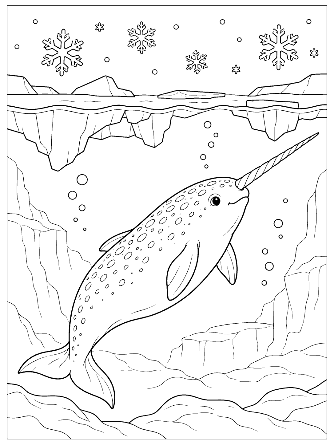 A spotted narwhal with a long tusk swims among bubbles beneath jagged sea ice, with snowflakes above the waterline.