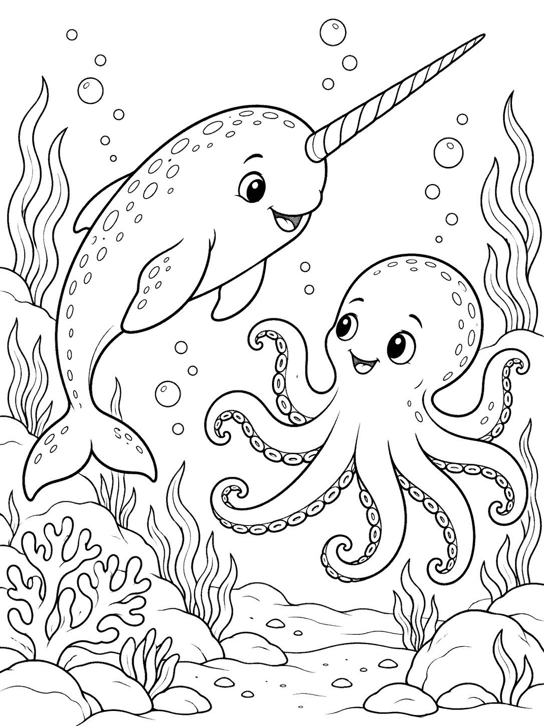 A smiling narwhal facing an octopus with eight visible curling arms on an underwater coloring page.