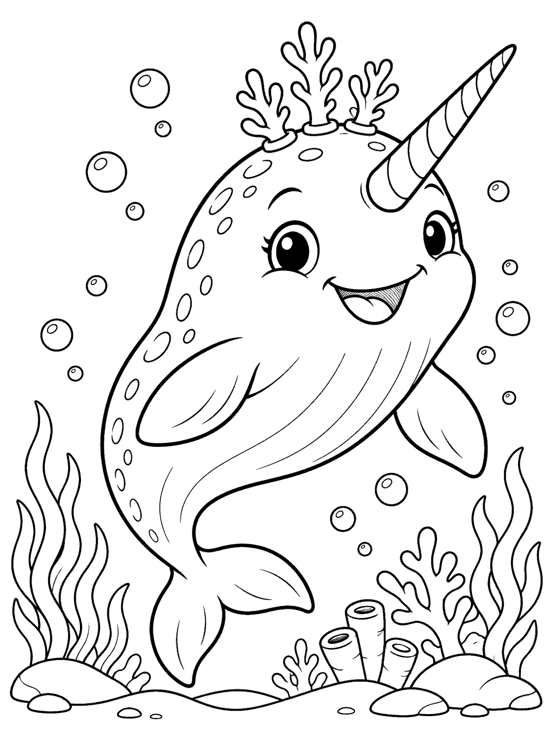 Smiling narwhal with a striped tusk and three coral branches as a crown, surrounded by bubbles and underwater plants.