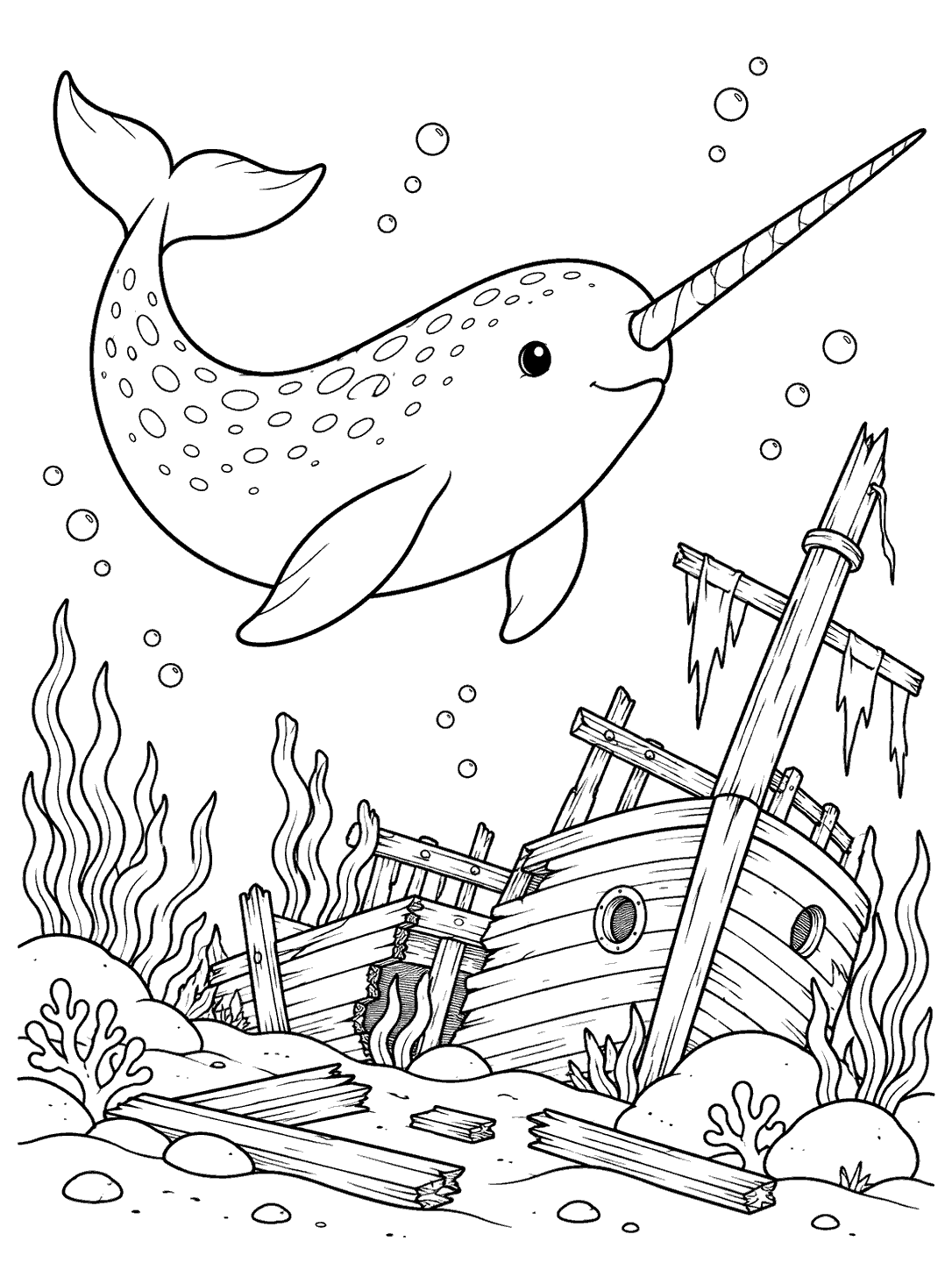 A large narwhal swims above a tilted wooden shipwreck, with broken mast pieces, loose planks, bubbles, and seabed plants.