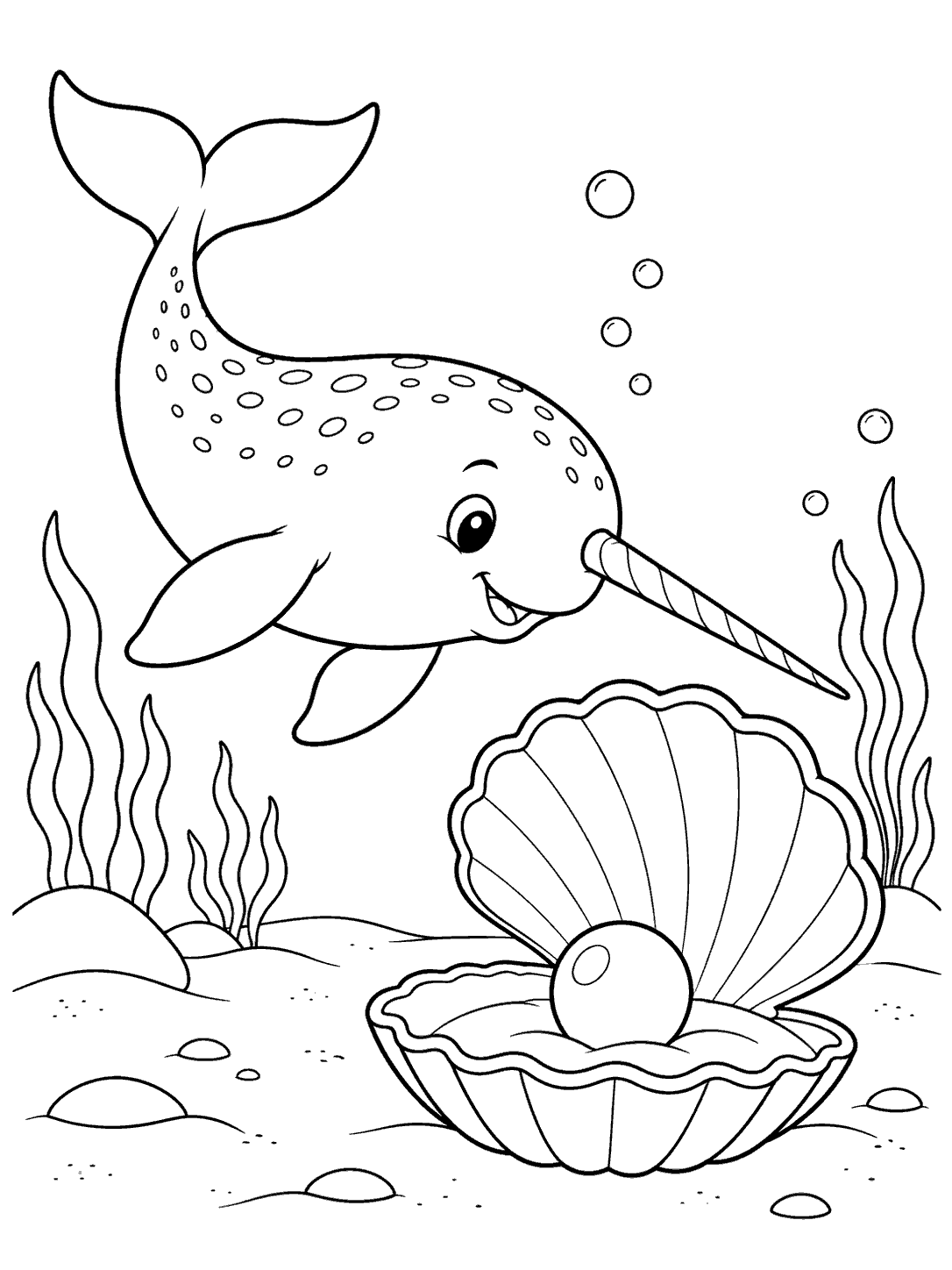 A smiling narwhal with its tusk, flippers, and tail visible looks toward an open ridged clam shell holding one pearl on the ocean floor.