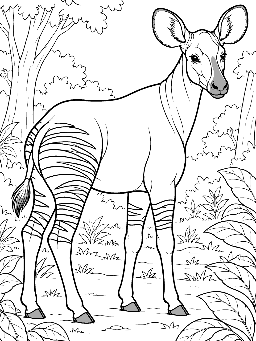 Black-outline, full-body okapi with striped legs standing in a forest clearing