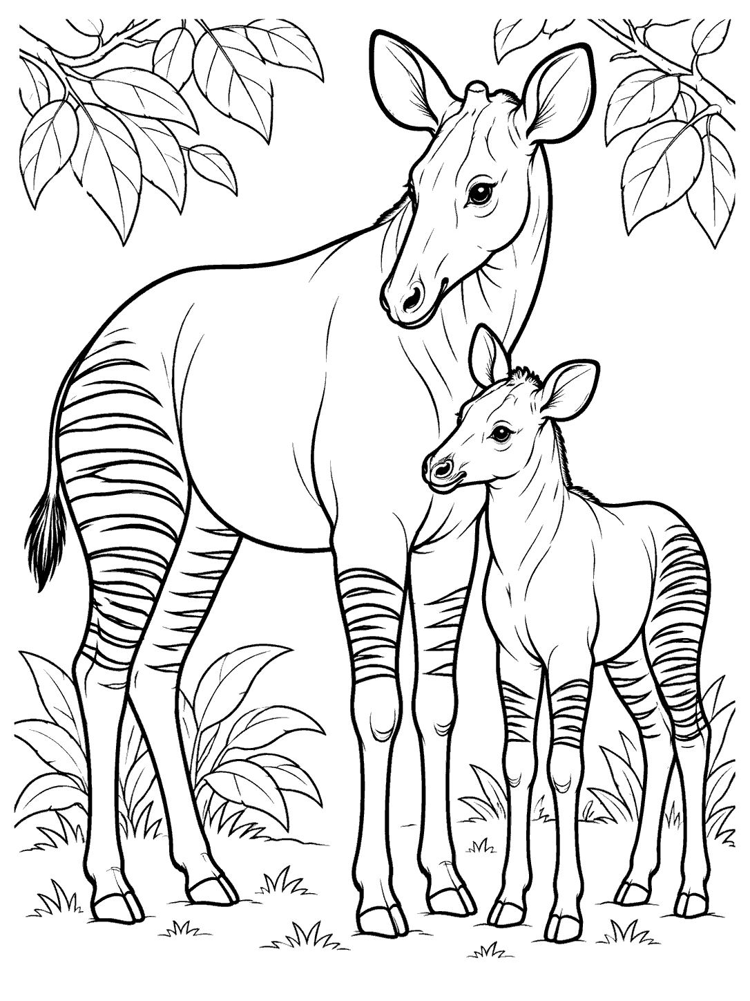 Black-and-white coloring page showing a striped okapi mother and calf among leaves and low plants.