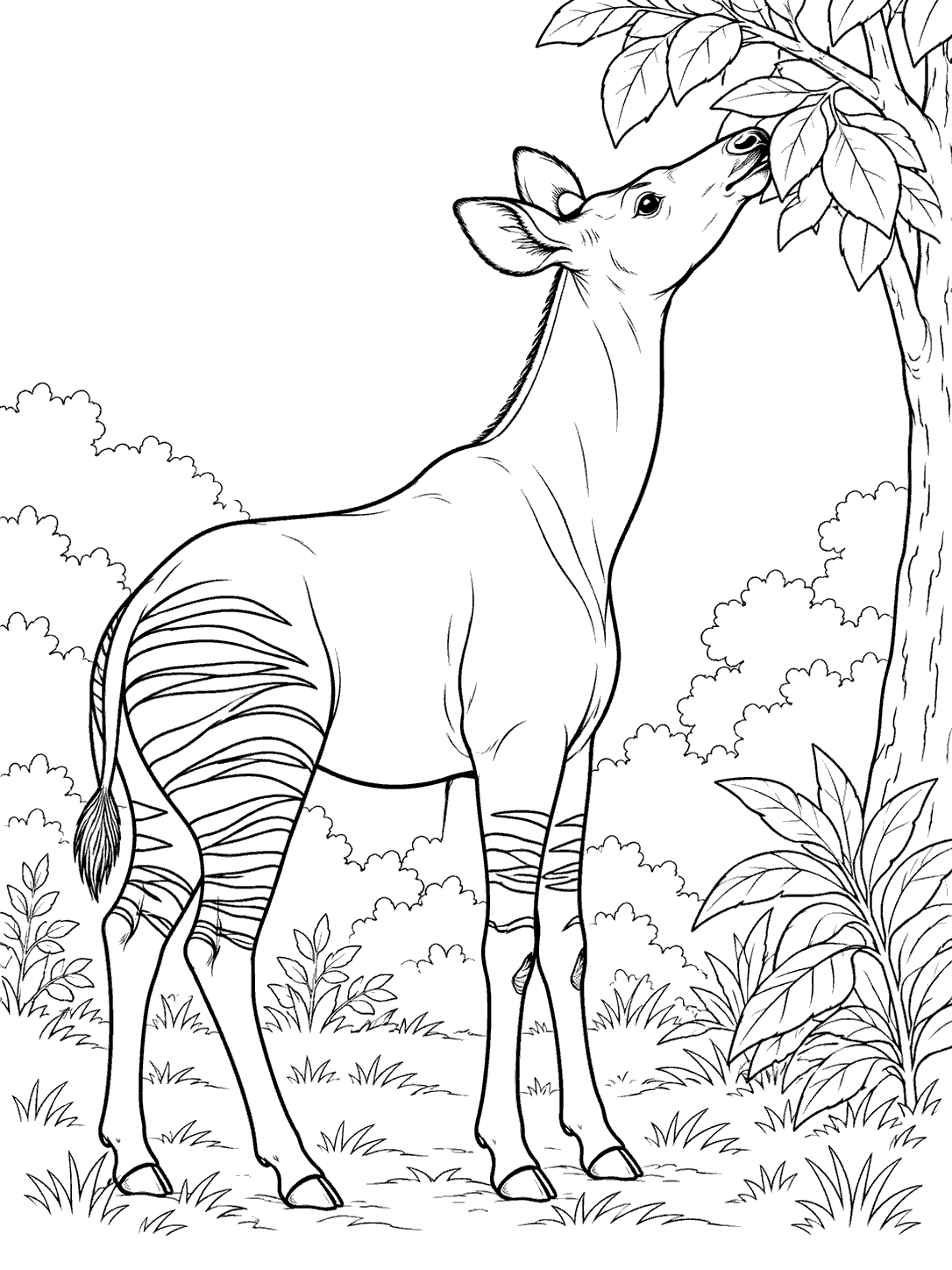Full-body okapi reaching up to leaves, with striped hindquarters visible