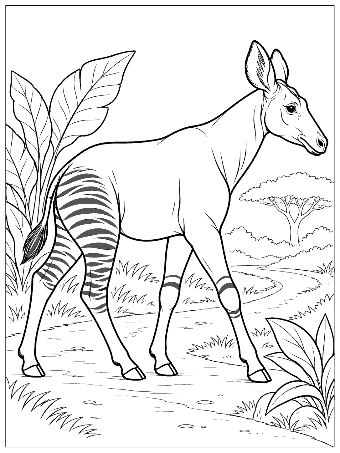 Black-and-white coloring page showing an okapi in profile walking along a winding path, with striped rear legs, plants, and a distant tree.