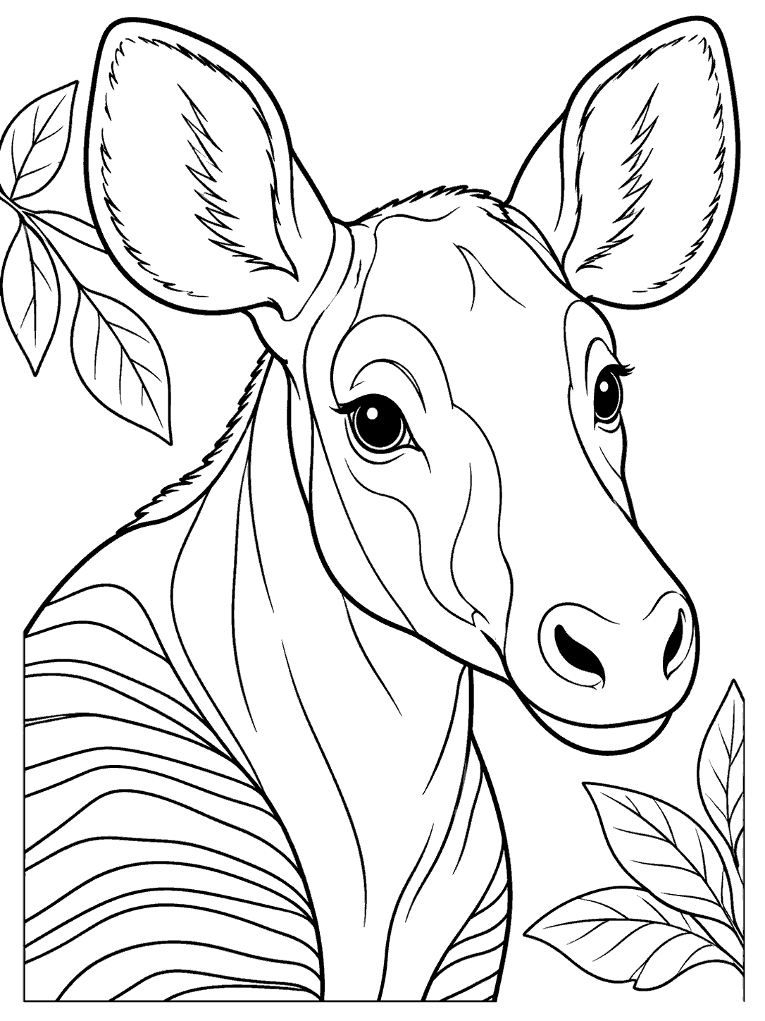 Black-and-white coloring page showing a friendly okapi portrait with large upright ears, a long muzzle, striped shoulder markings, and leaves around the edges.
